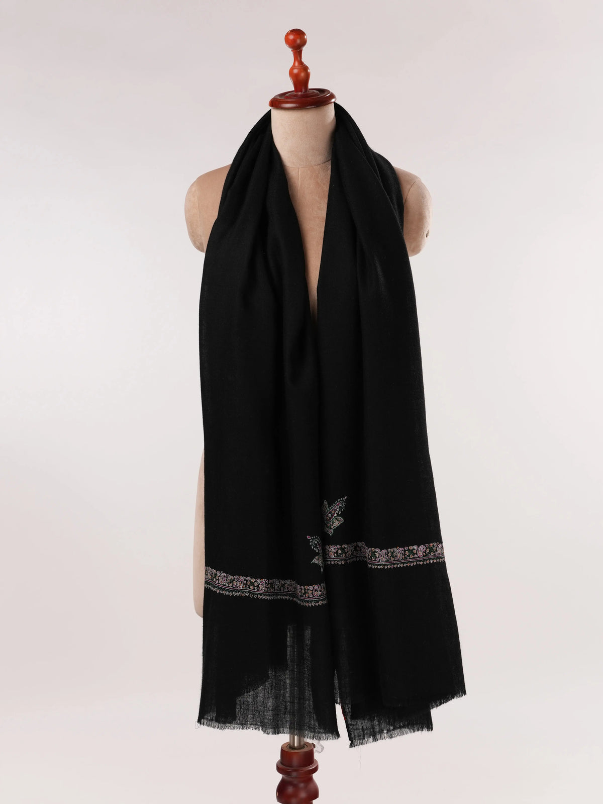 Black Handwoven Pure Pashmina Shawl with Hashidar Sozni Embroidery Shahkaar.com