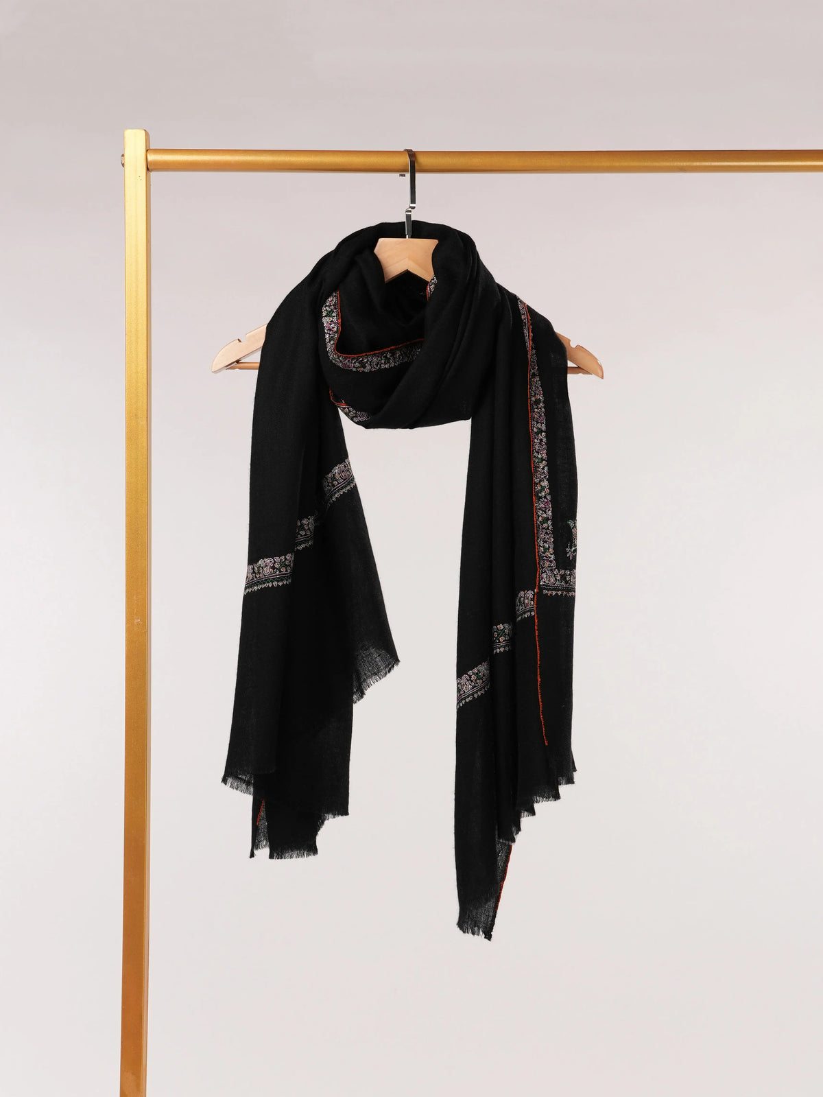 Black Handwoven Pure Pashmina Shawl with Hashidar Sozni Embroidery Shahkaar.com