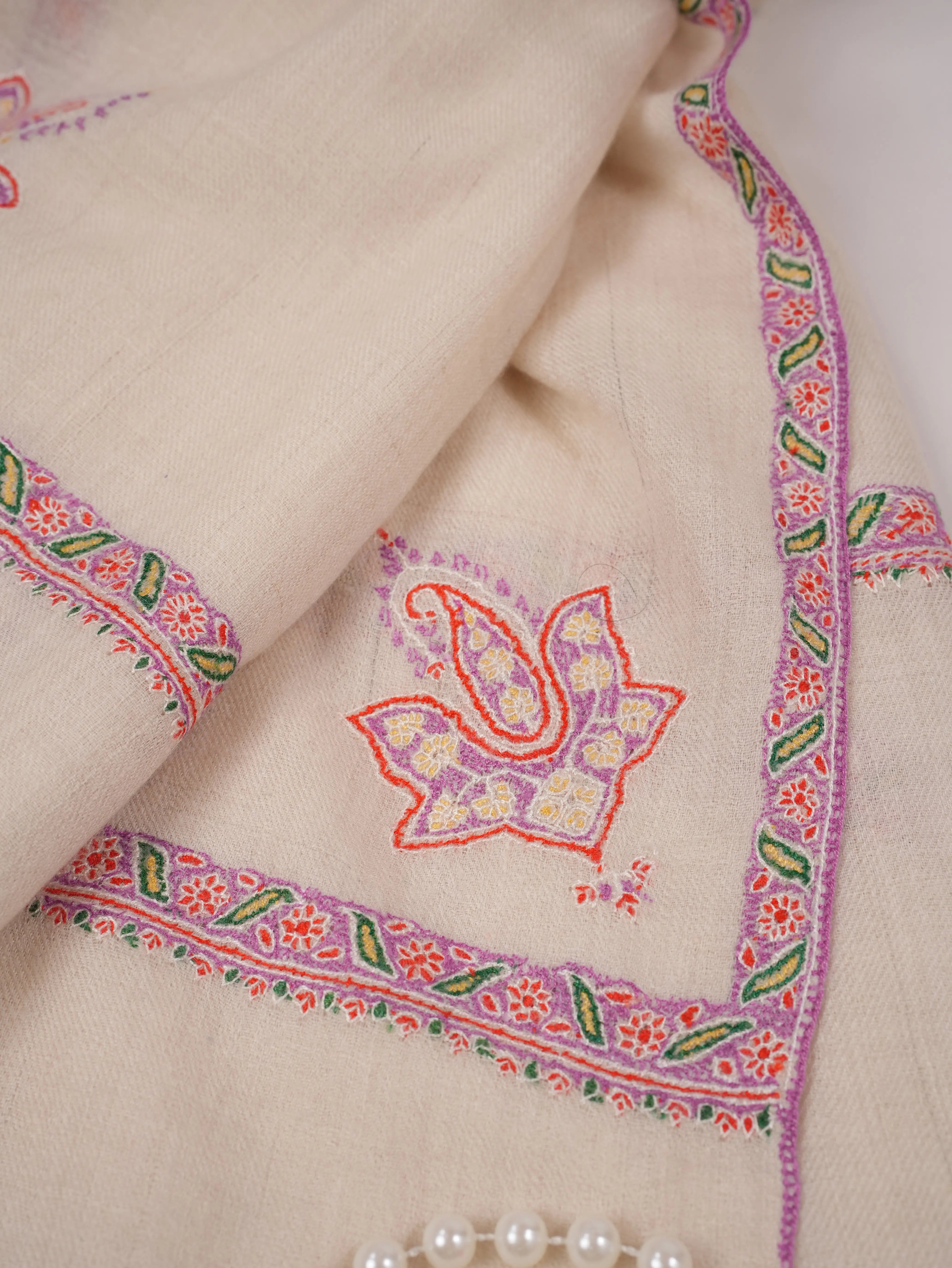 Natural White Pashmina Shawl with Baildar Fine Embroidery Shahkaar.com