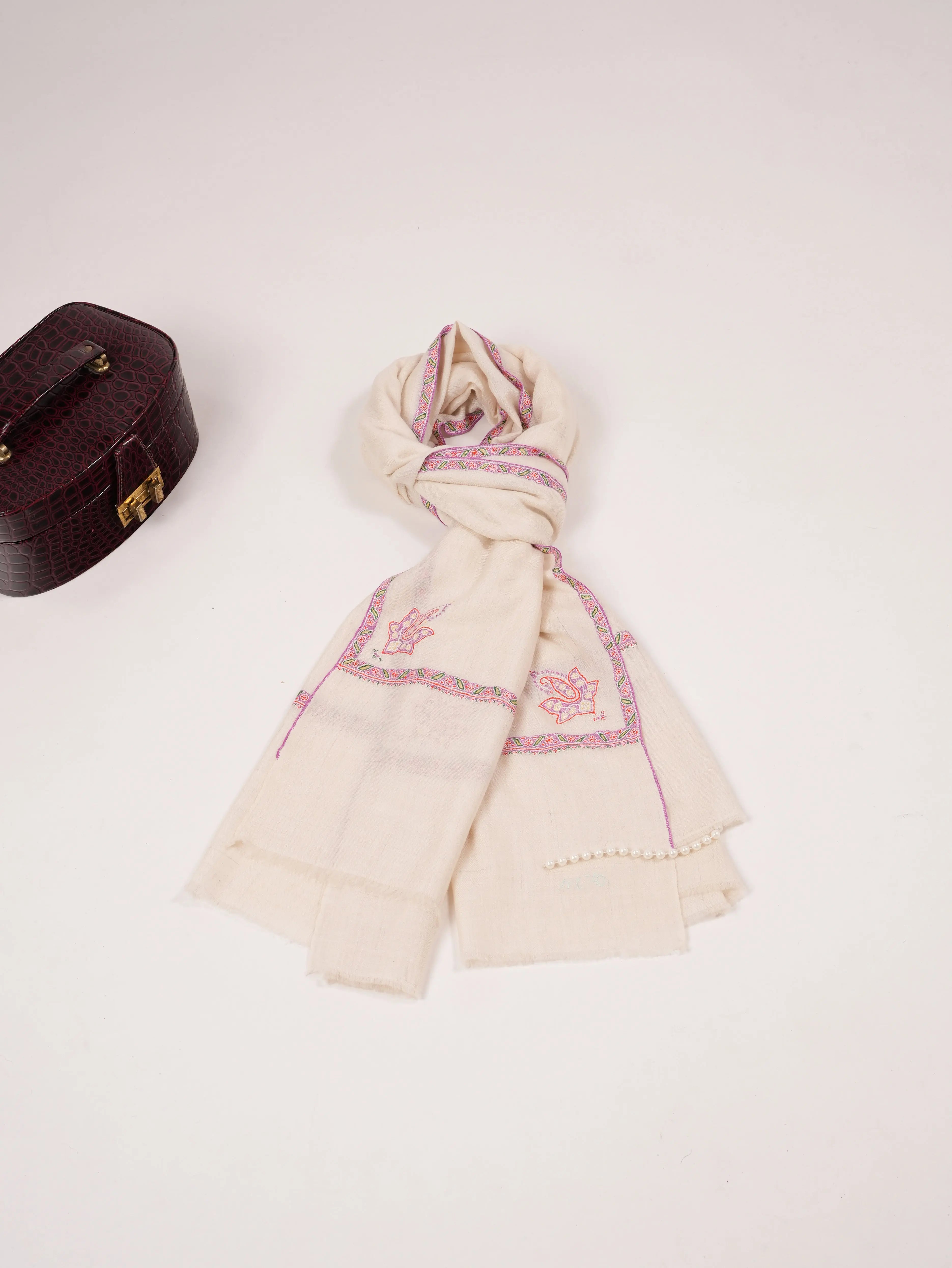 Natural White Pashmina Shawl with Baildar Fine Embroidery Shahkaar.com