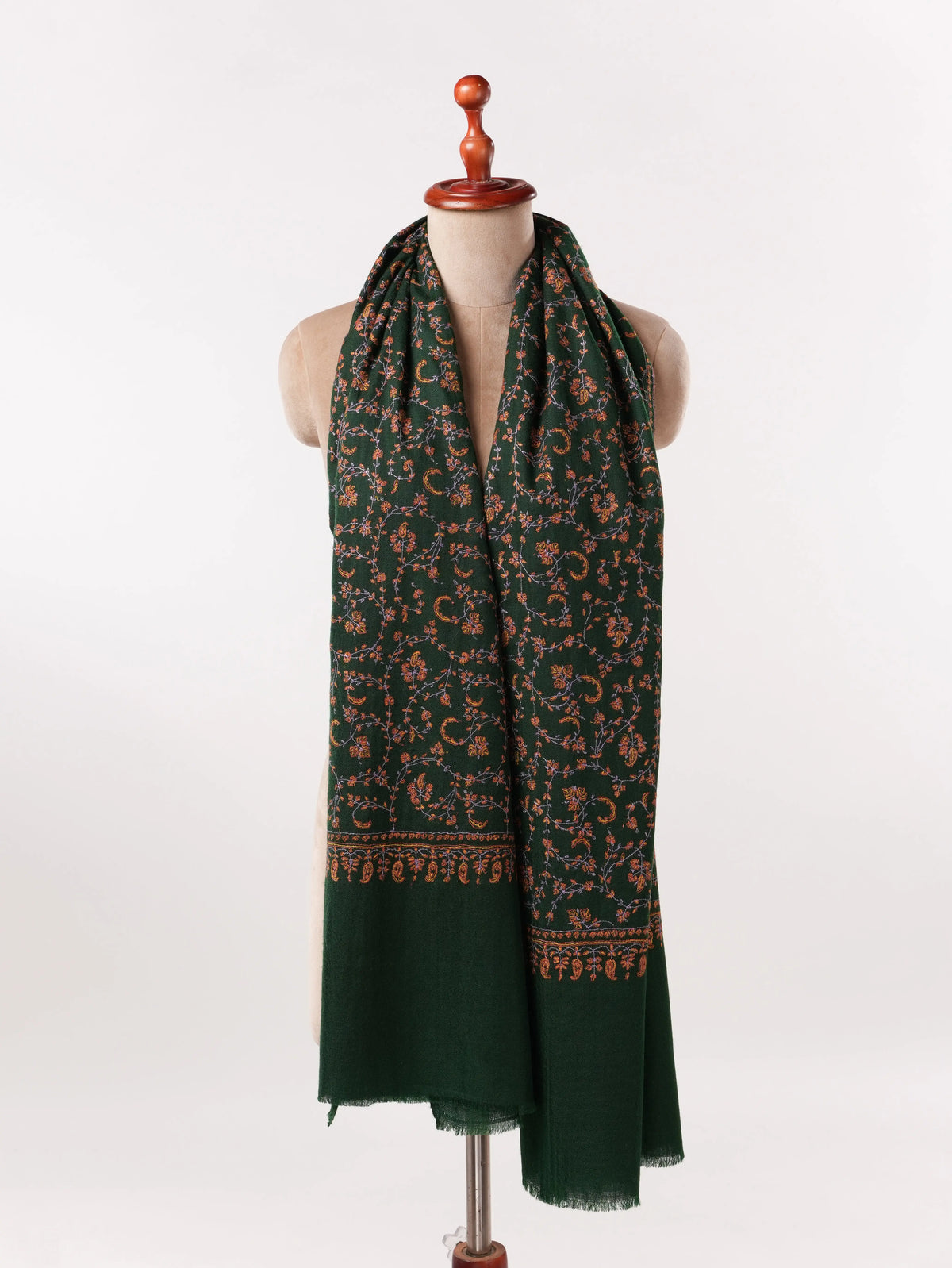 Dark Green Lightweight Cashmere Scarf with Jali Embroidery