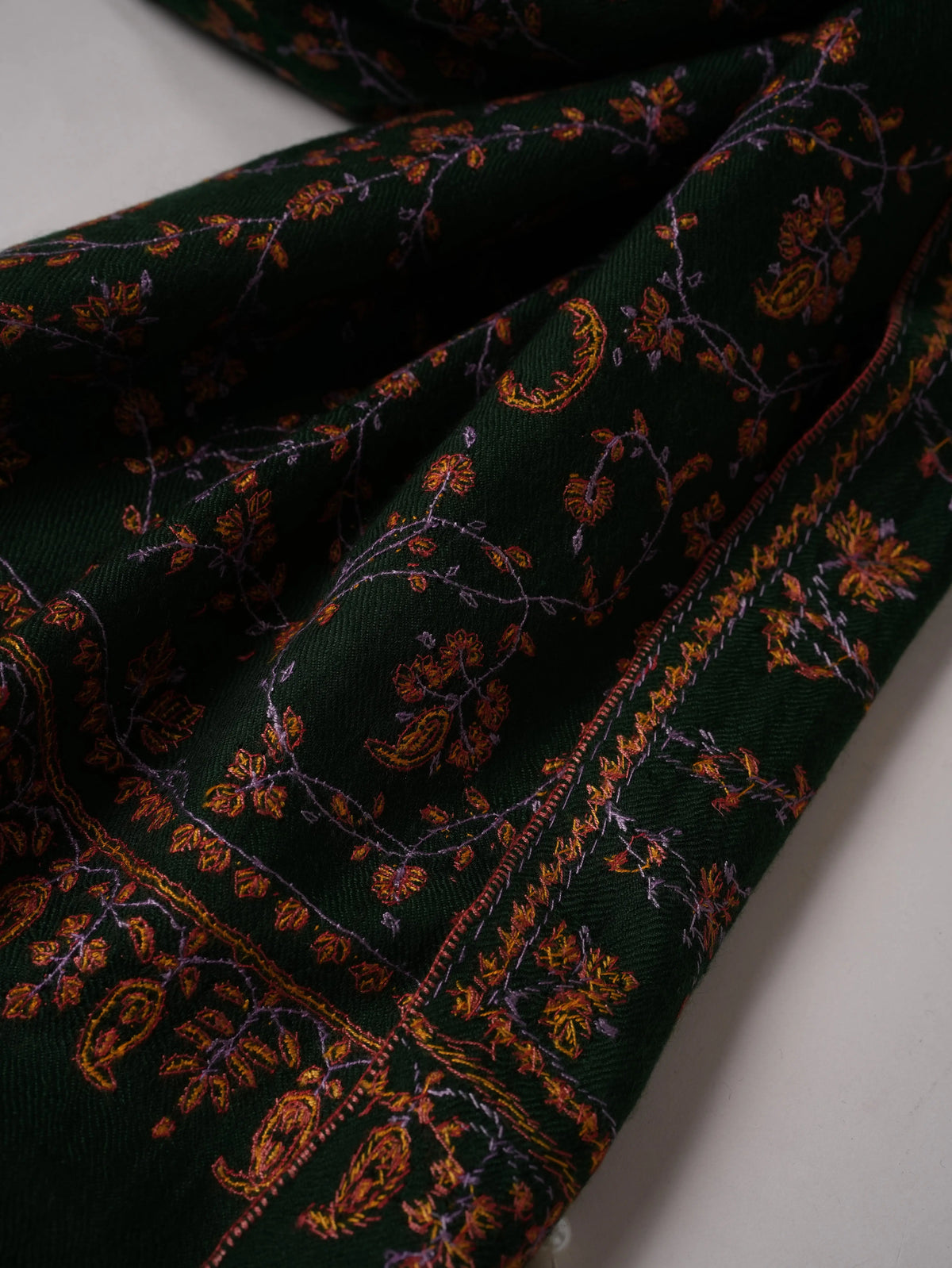 Dark Green Lightweight Cashmere Scarf with Jali Embroidery