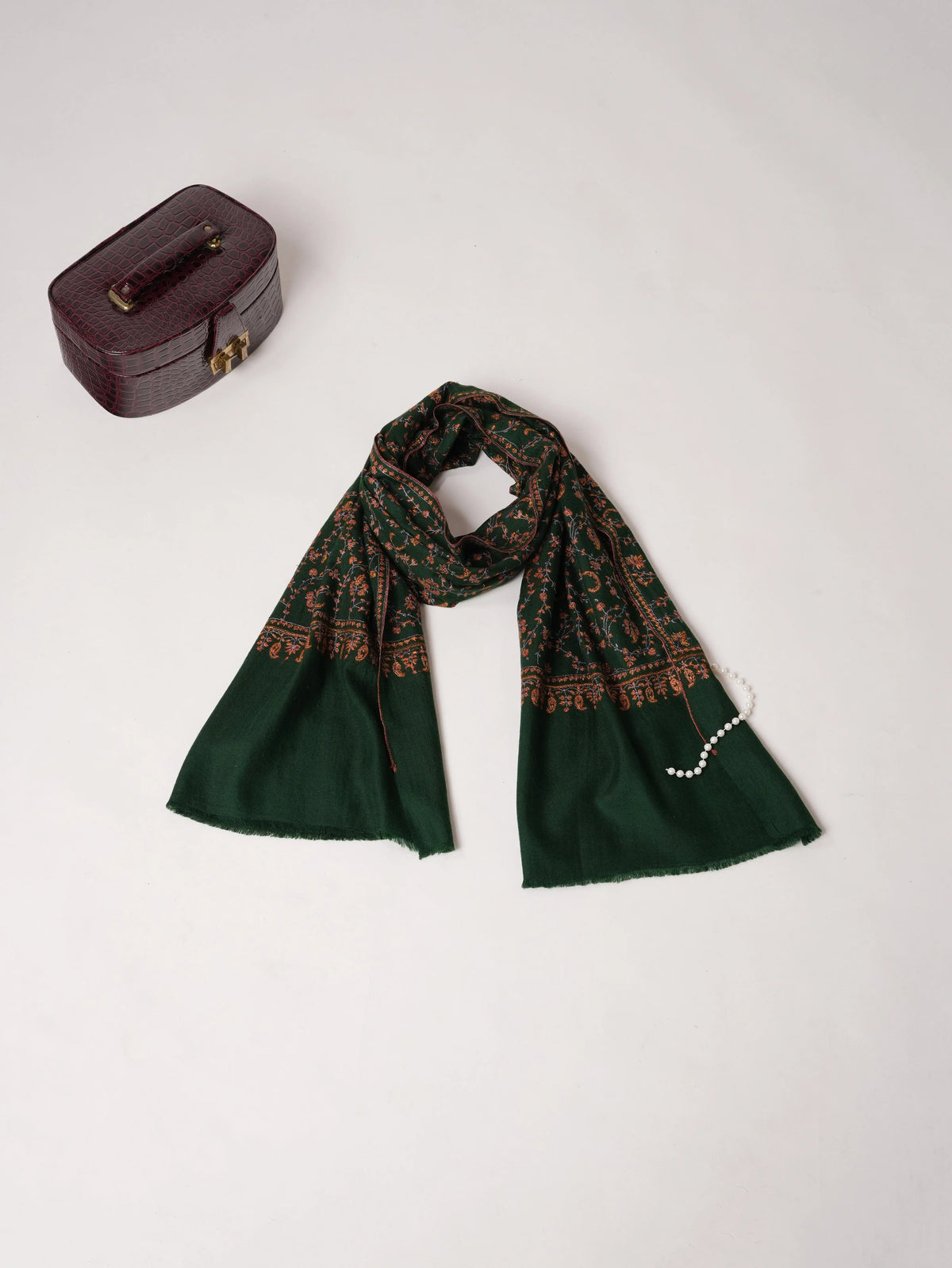 Dark Green Lightweight Cashmere Scarf with Jali Embroidery