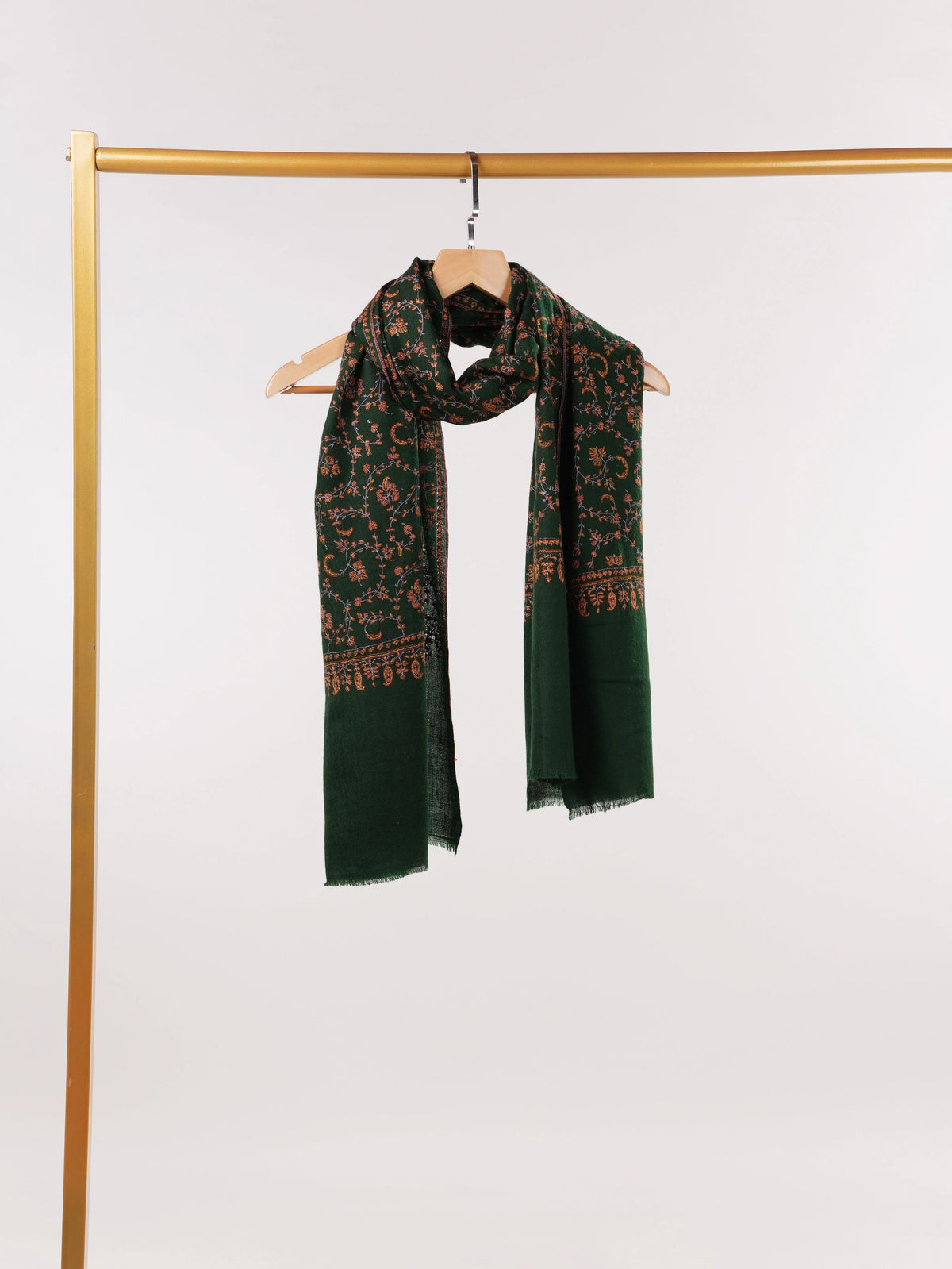 Dark Green Lightweight Cashmere Scarf with Jali Embroidery
