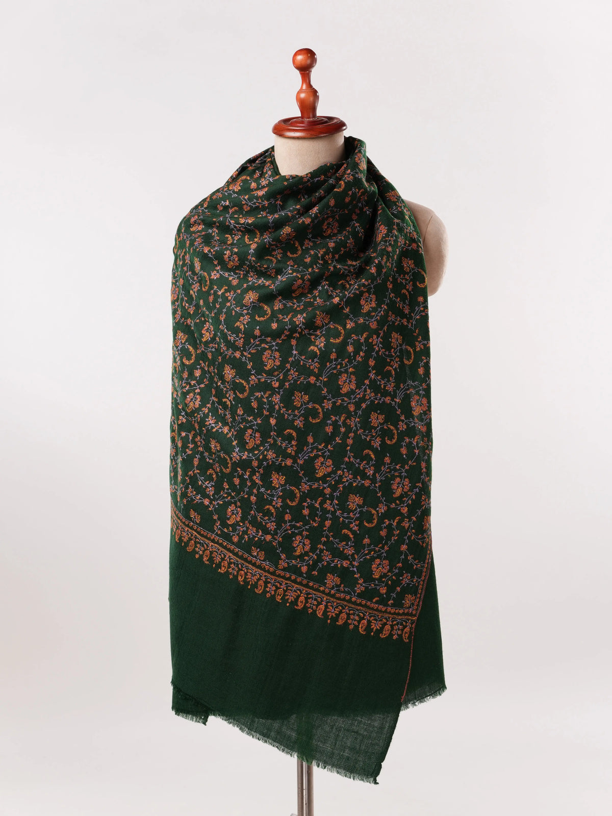 Dark Green Lightweight Cashmere Scarf with Jali Embroidery
