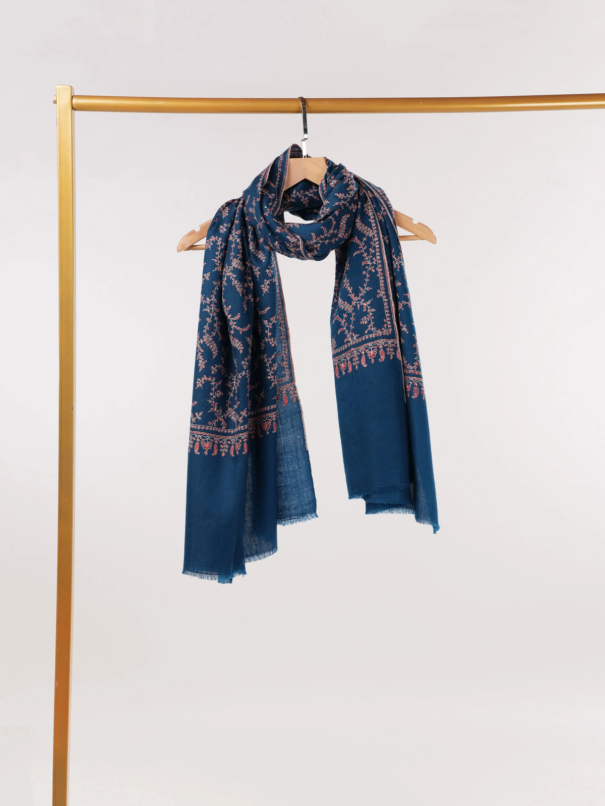 Peacock Blue Pure Cashmere Scarf with Jali Hand Embroidery