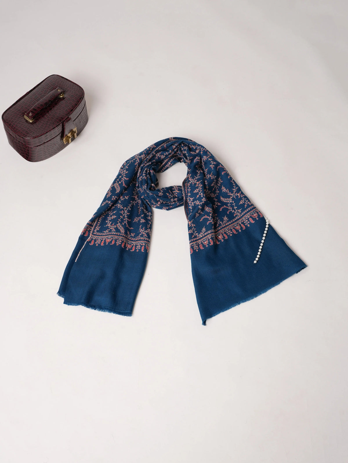 Peacock Blue Pure Cashmere Scarf with Jali Hand Embroidery