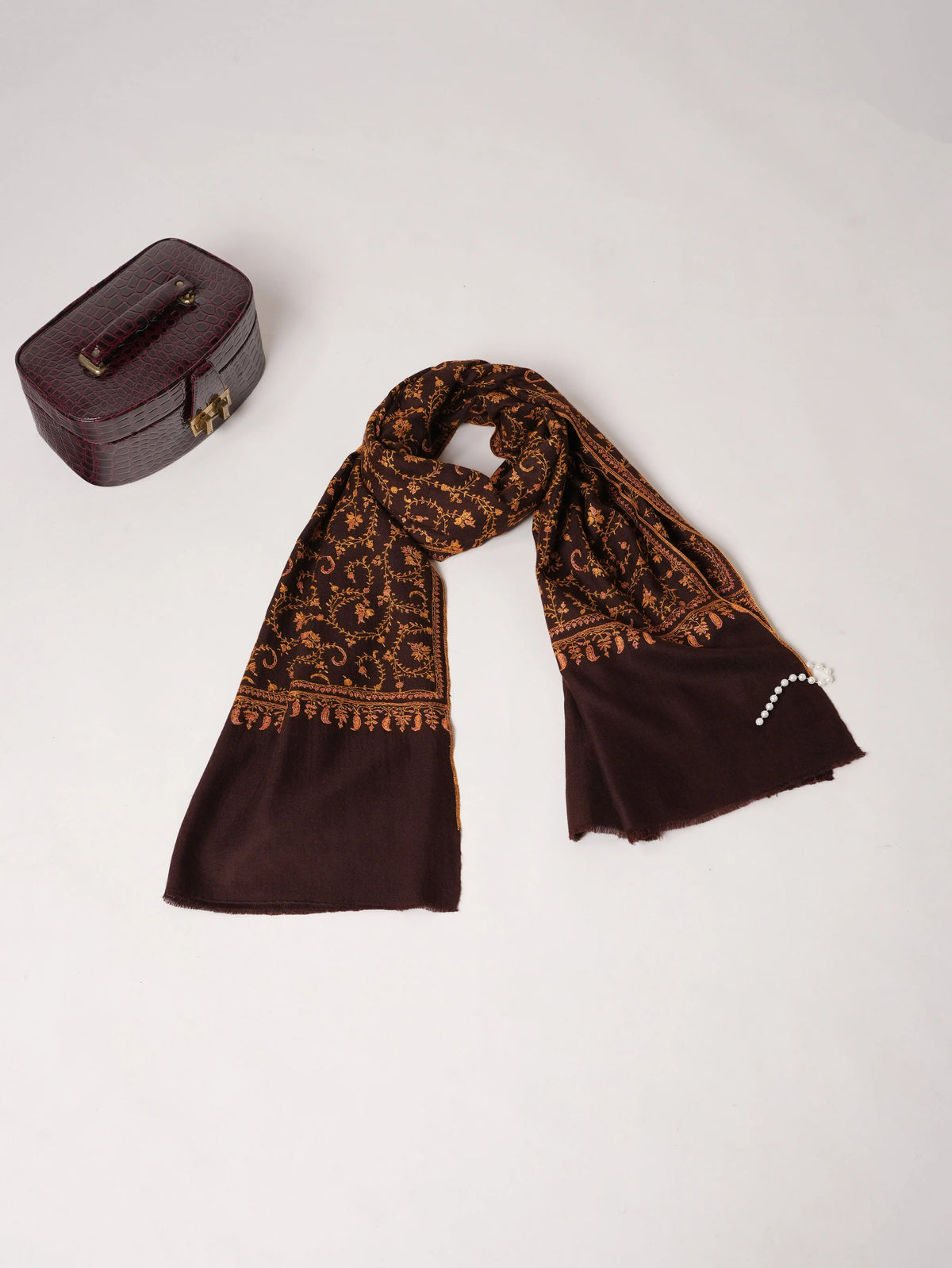 Espresso Soft Cashmere Scarf with Jali Sozni Embroidery