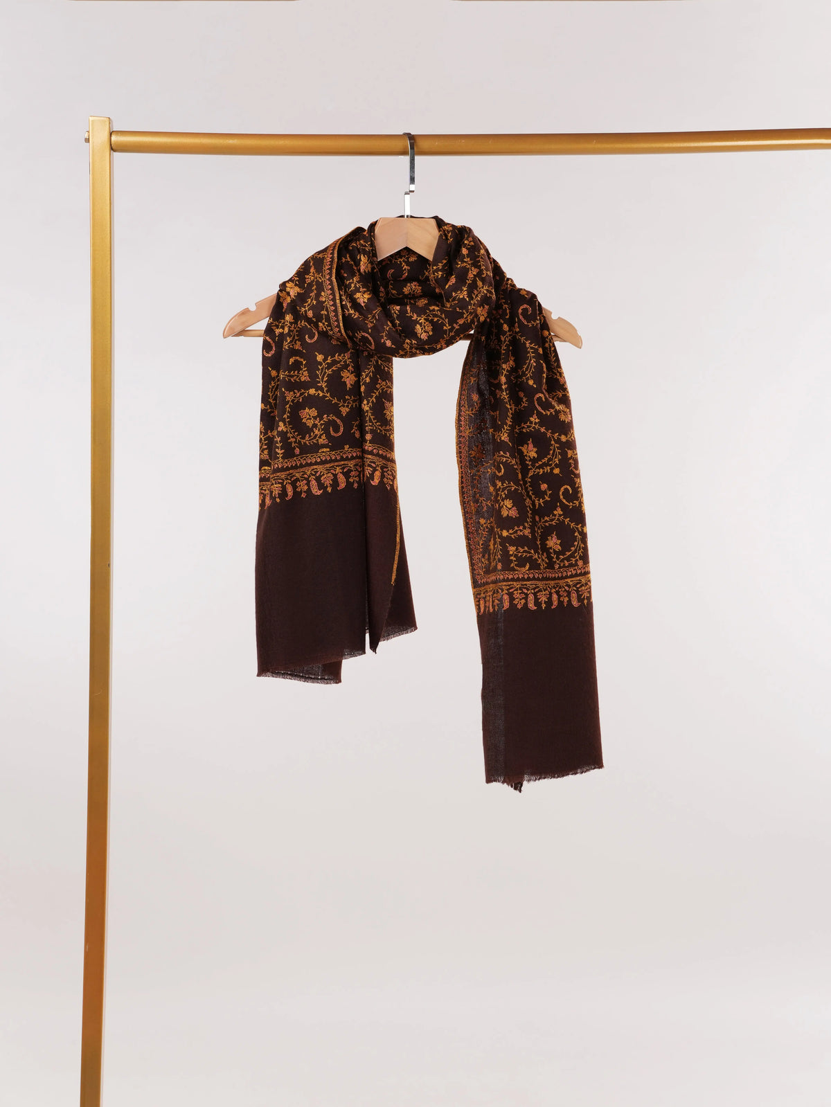 Espresso Soft Cashmere Scarf with Jali Sozni Embroidery