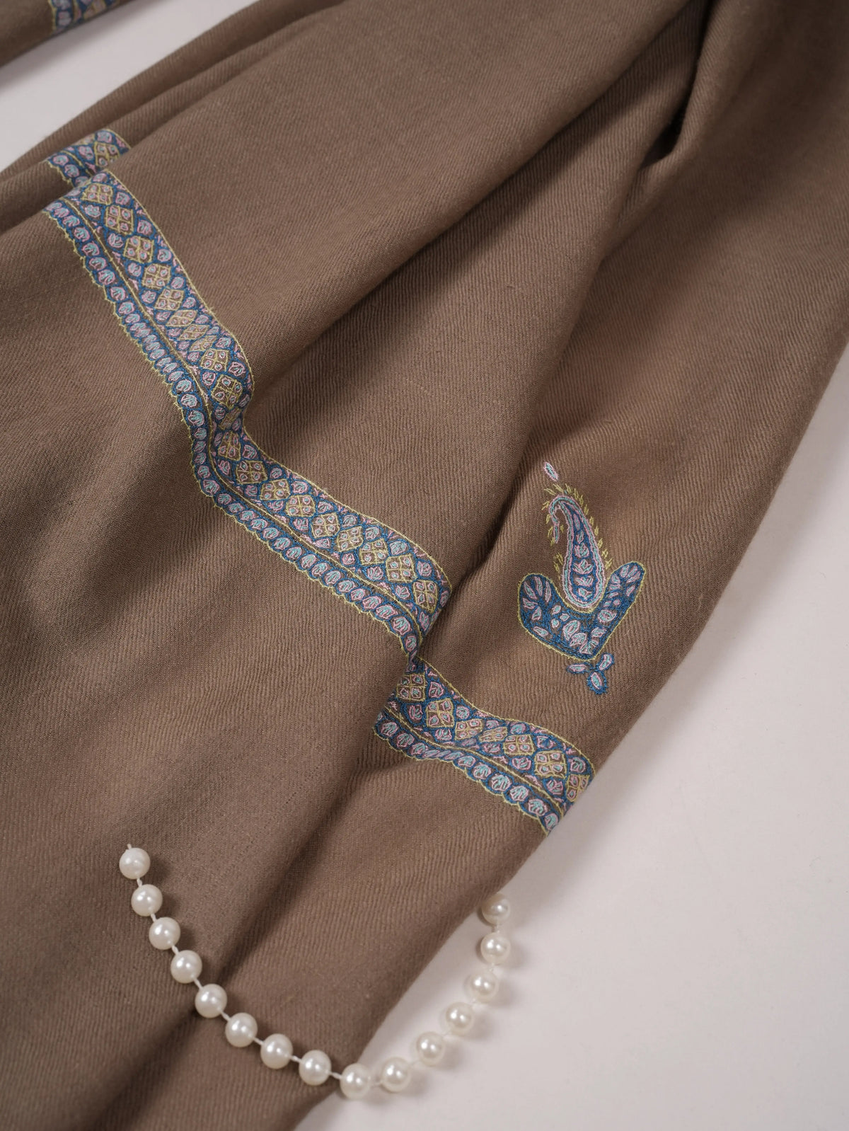 Dark Taupe Handwoven Pashmina Shawl with Hand Embroidery