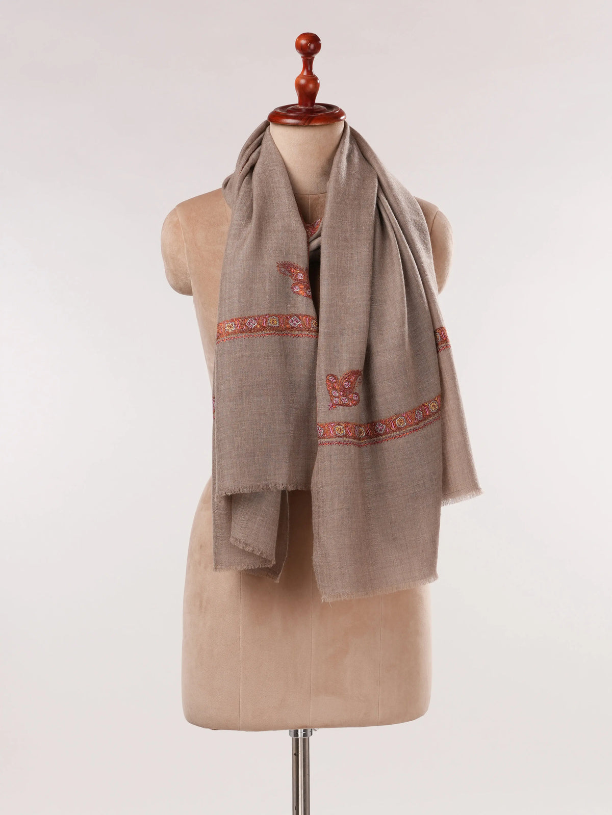 Beige Handwoven Original Cashmere Scarf with Kashmiri Hashidar Hand Embroidery Shahkaar.com