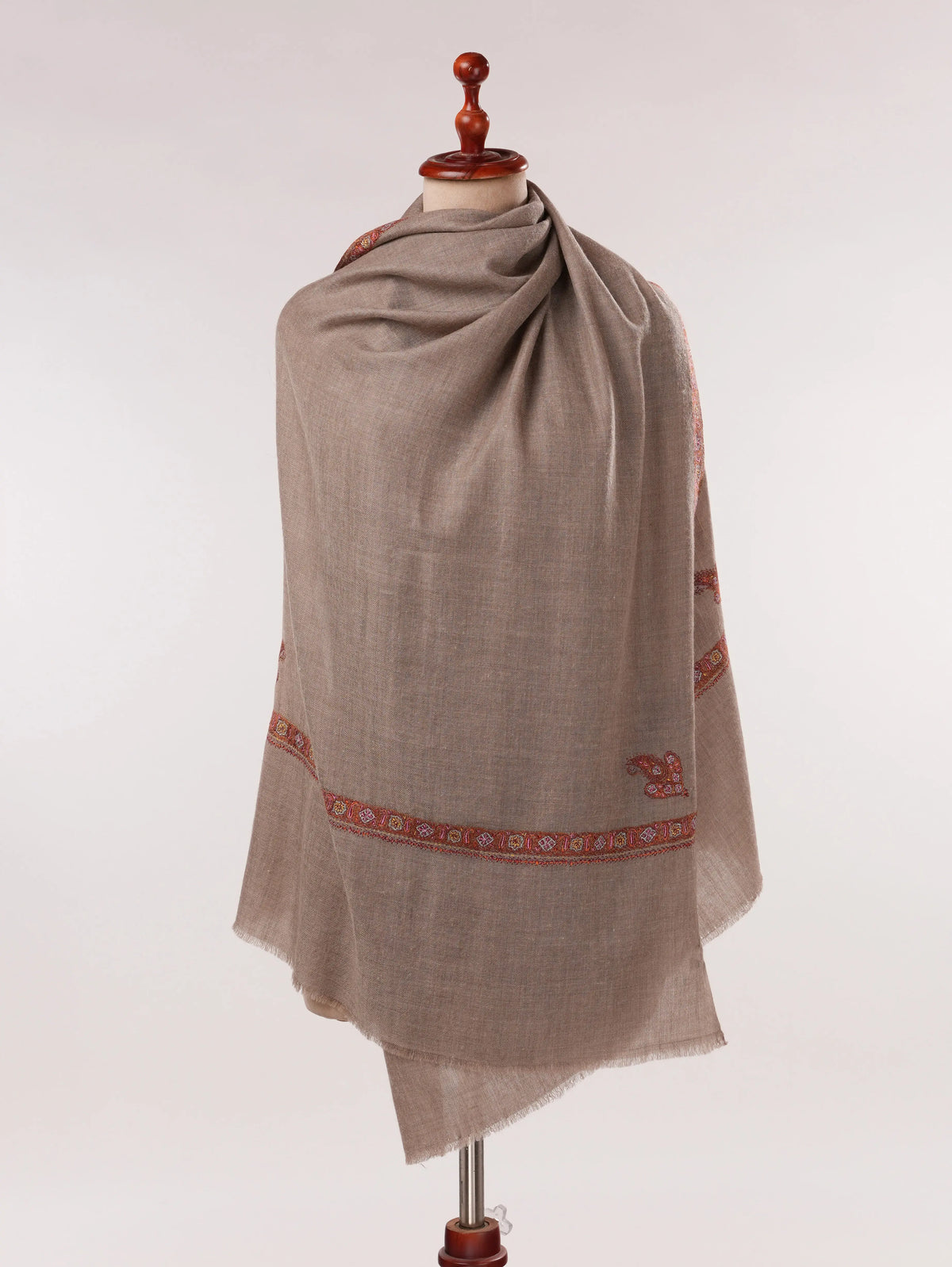 Beige Handwoven Original Cashmere Scarf with Kashmiri Hashidar Hand Embroidery Shahkaar.com