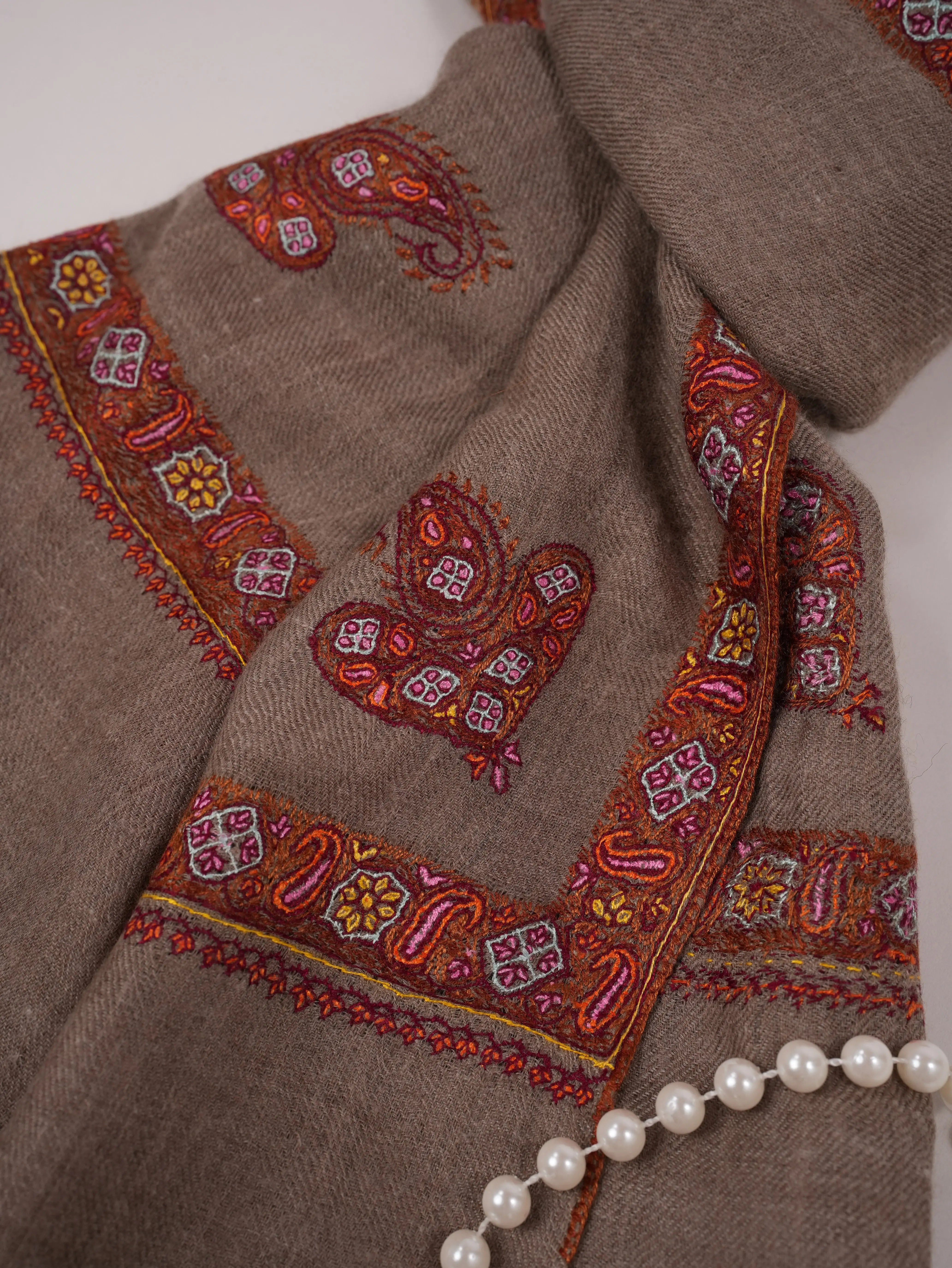 Beige Handwoven Original Cashmere Scarf with Kashmiri Hashidar Hand Embroidery Shahkaar.com