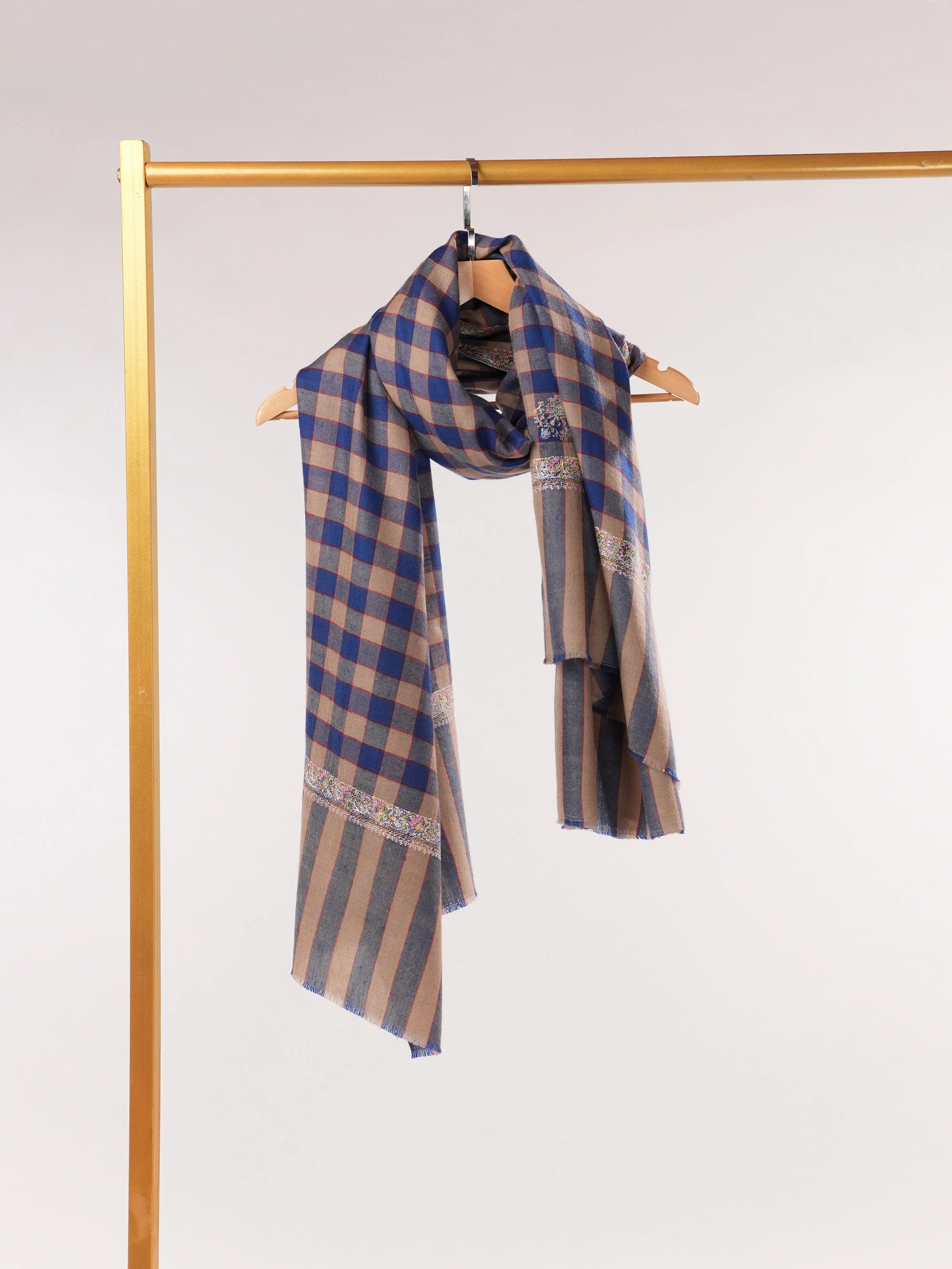 Check Handwoven Pashmina Shawl with Hashia Hand Sozni Embroidery Shahkaar.com