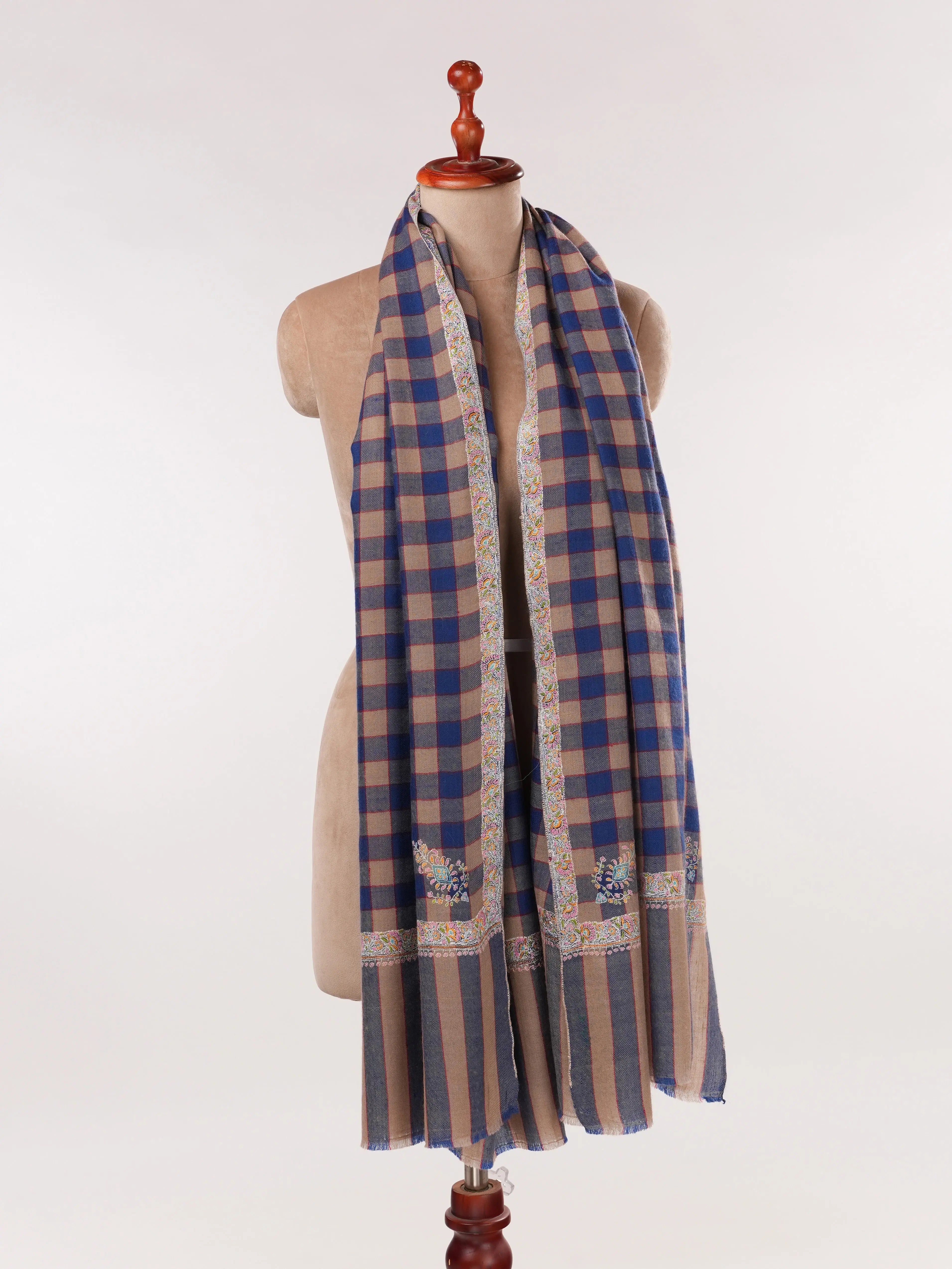 Check Handwoven Pashmina Shawl with Hashia Hand Sozni Embroidery Shahkaar.com