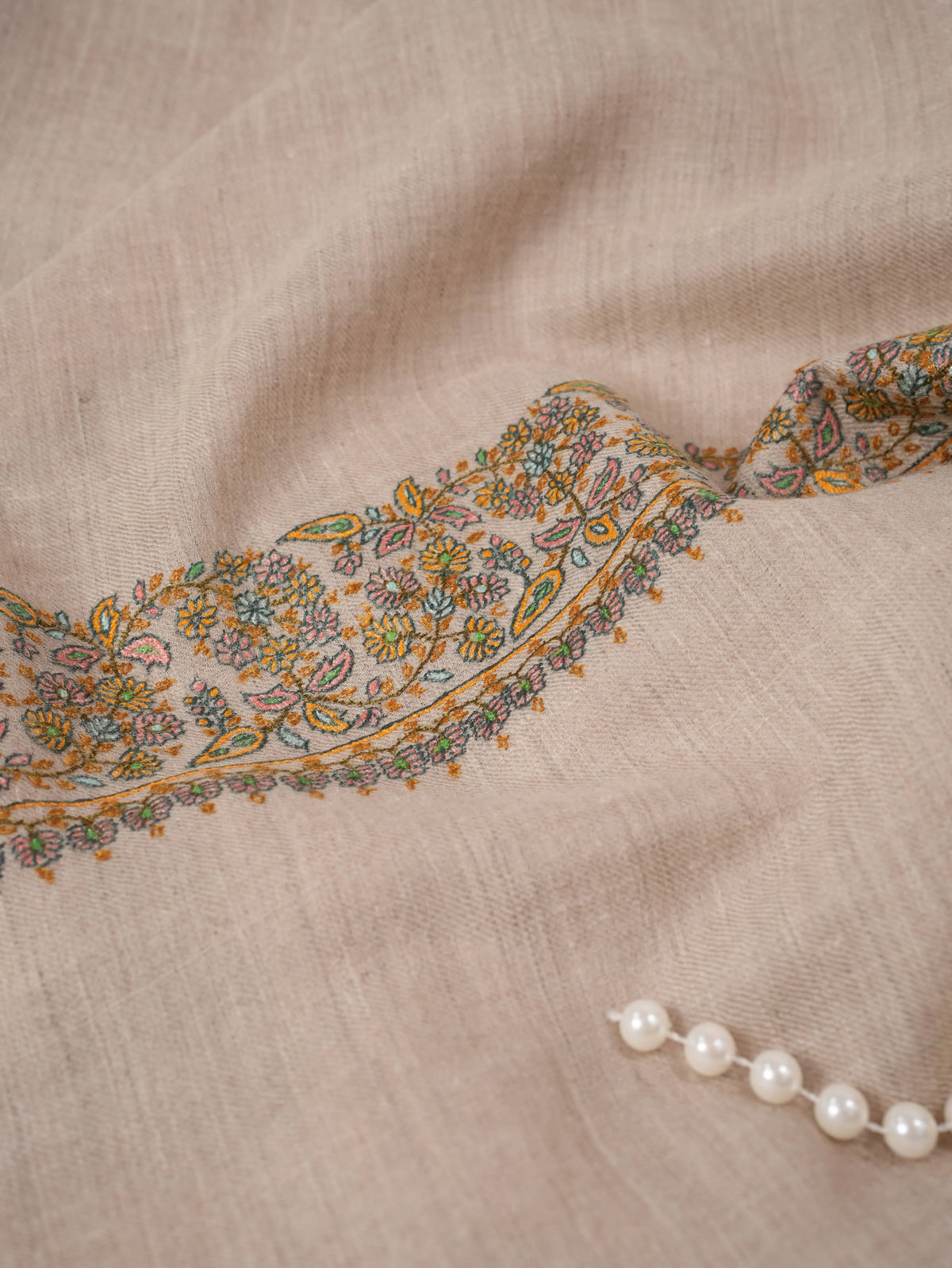 Beige Kashmiri Pure Pashmina Shawl with Neemdaur Hand Sozni Embroidery Shahkaar.com