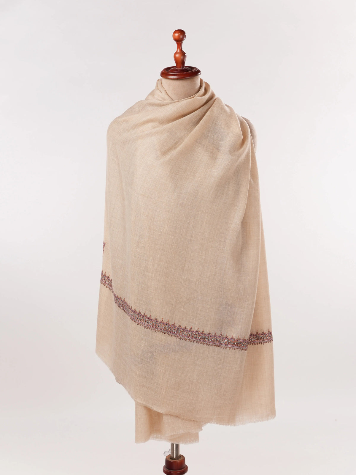 Lightweight Natural Off White Pashmina Shawl with Hashidar Sozni Embroidery