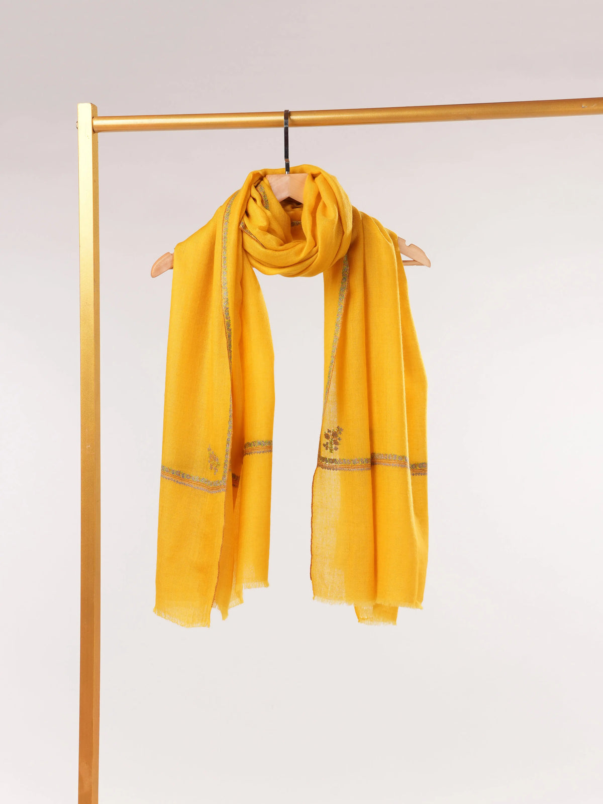 Yellow Handwoven Pashmina Shawl with Kashmiri Baildar Hand Sozni Embroidery Shahkaar.com