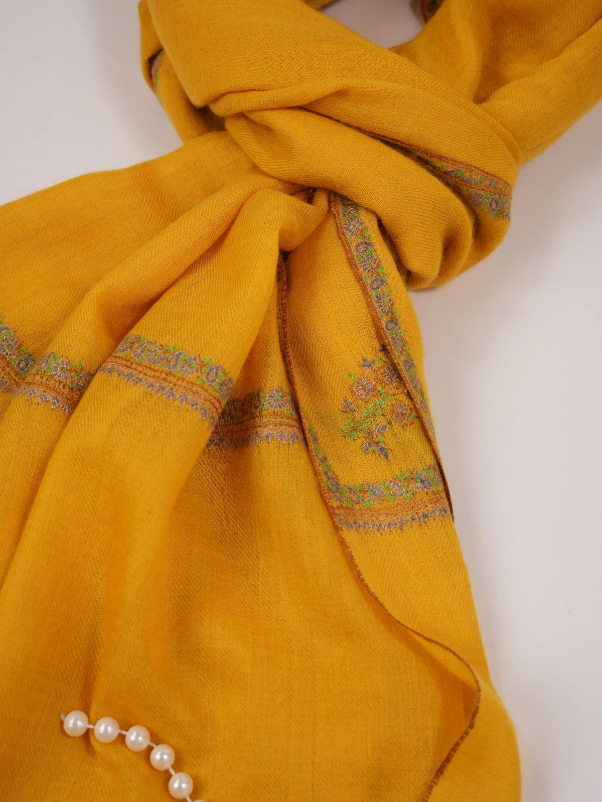 Yellow Handwoven Pashmina Shawl with Kashmiri Baildar Hand Sozni Embroidery Shahkaar.com
