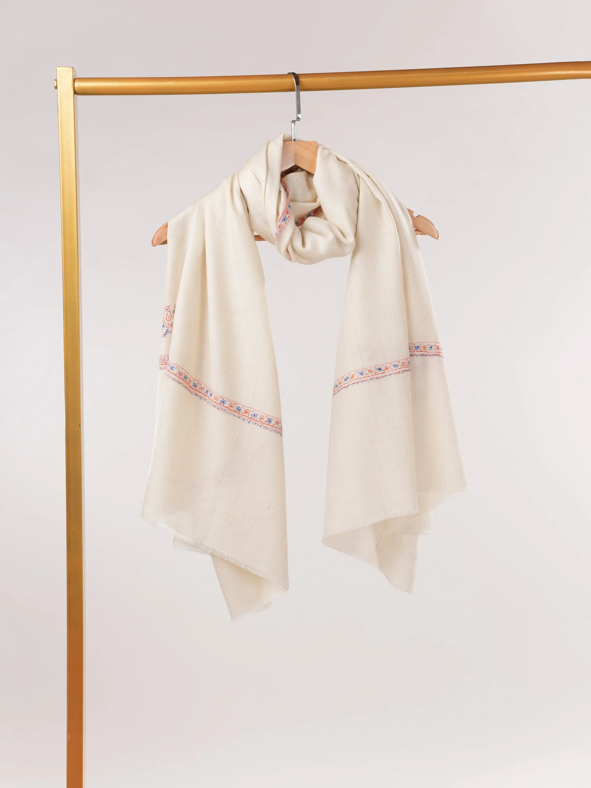 Natural White Handwoven Baildar Sozni Embroidered Pashmina Shawl