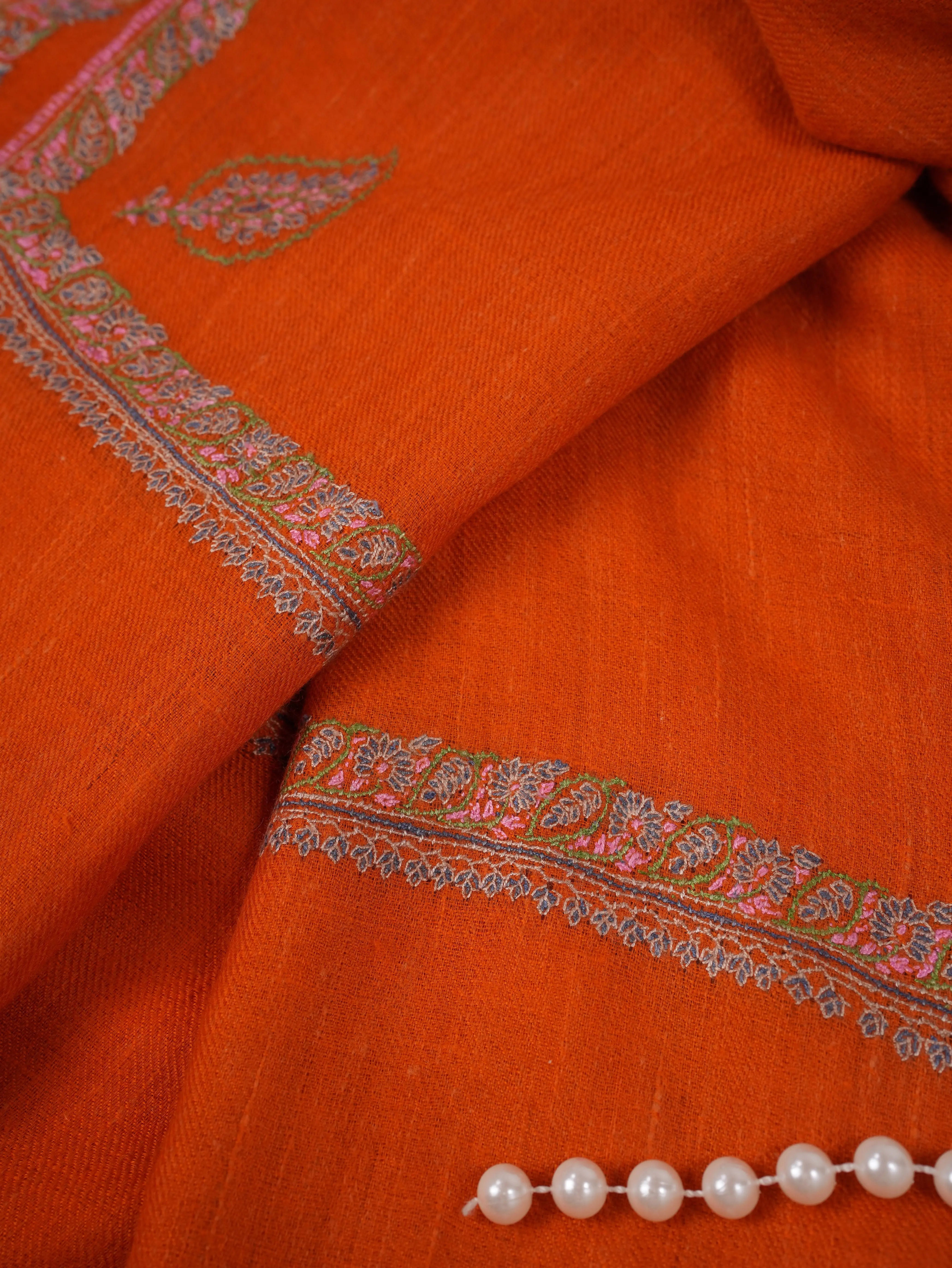 Orange Pure Pashmina Shawl with Baildar Hand Sozni Embroidery Shahkaar.com