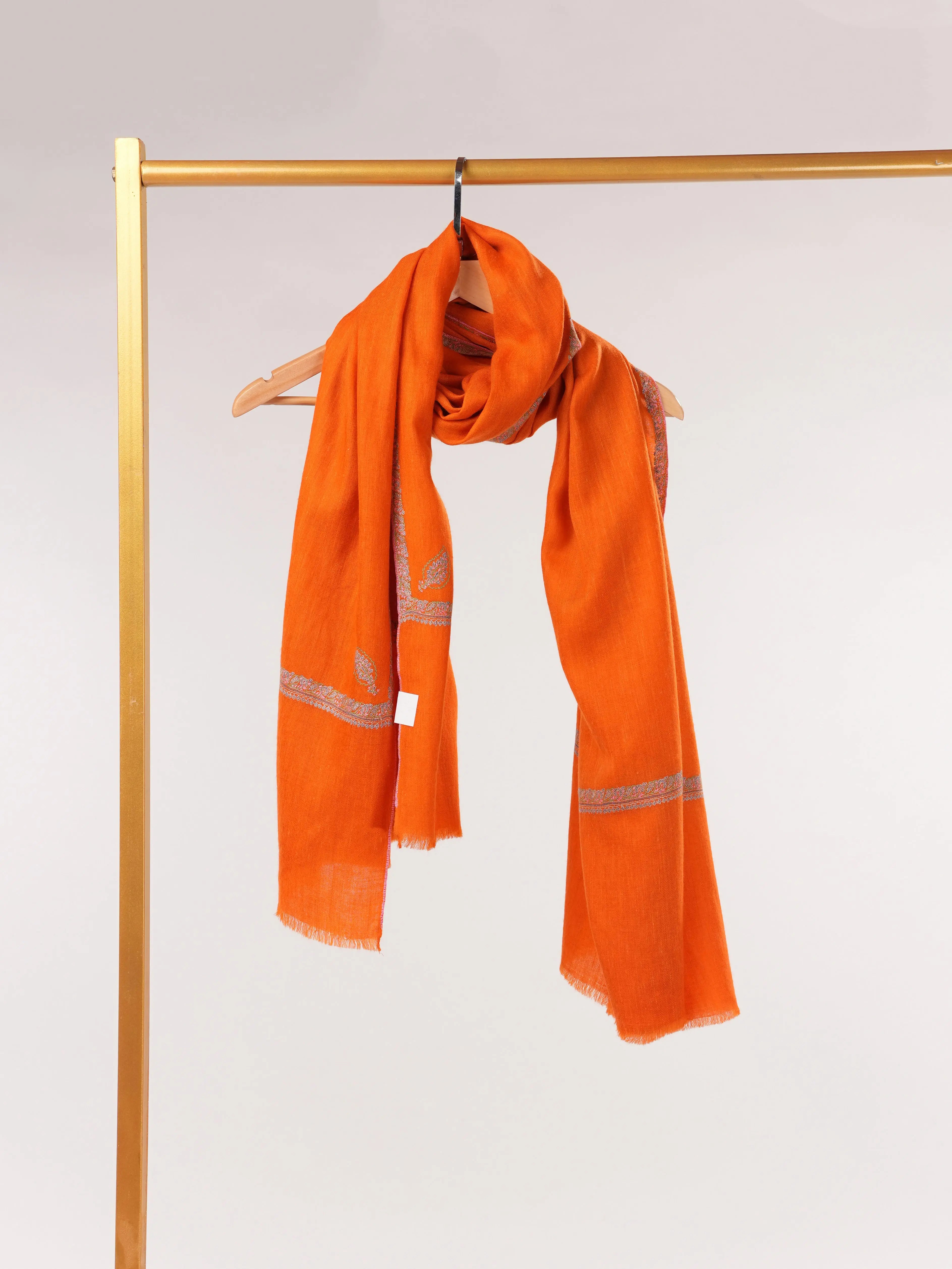 Orange Pure Pashmina Shawl with Baildar Hand Sozni Embroidery Shahkaar.com