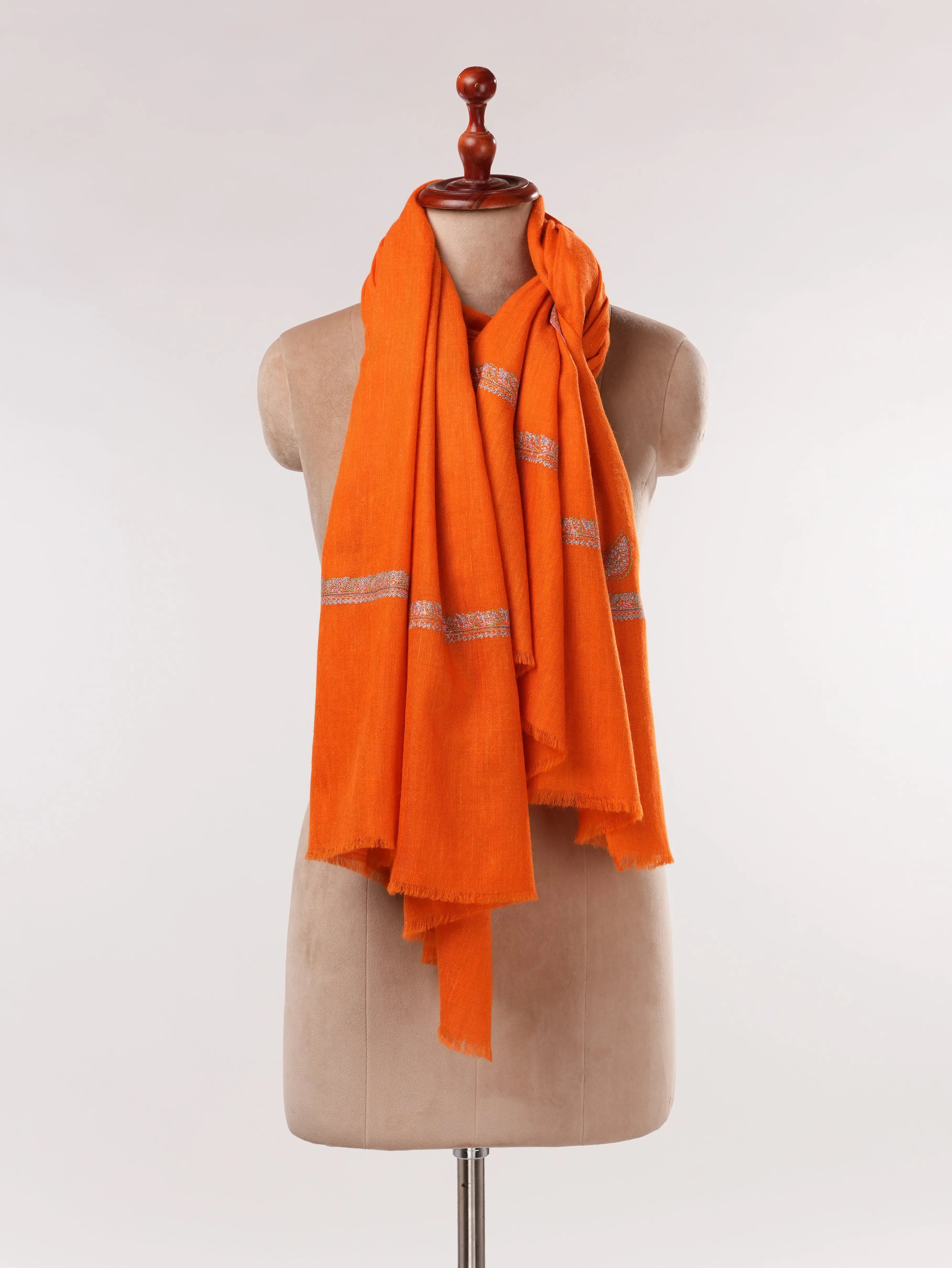 Orange Pure Pashmina Shawl with Baildar Hand Sozni Embroidery Shahkaar.com
