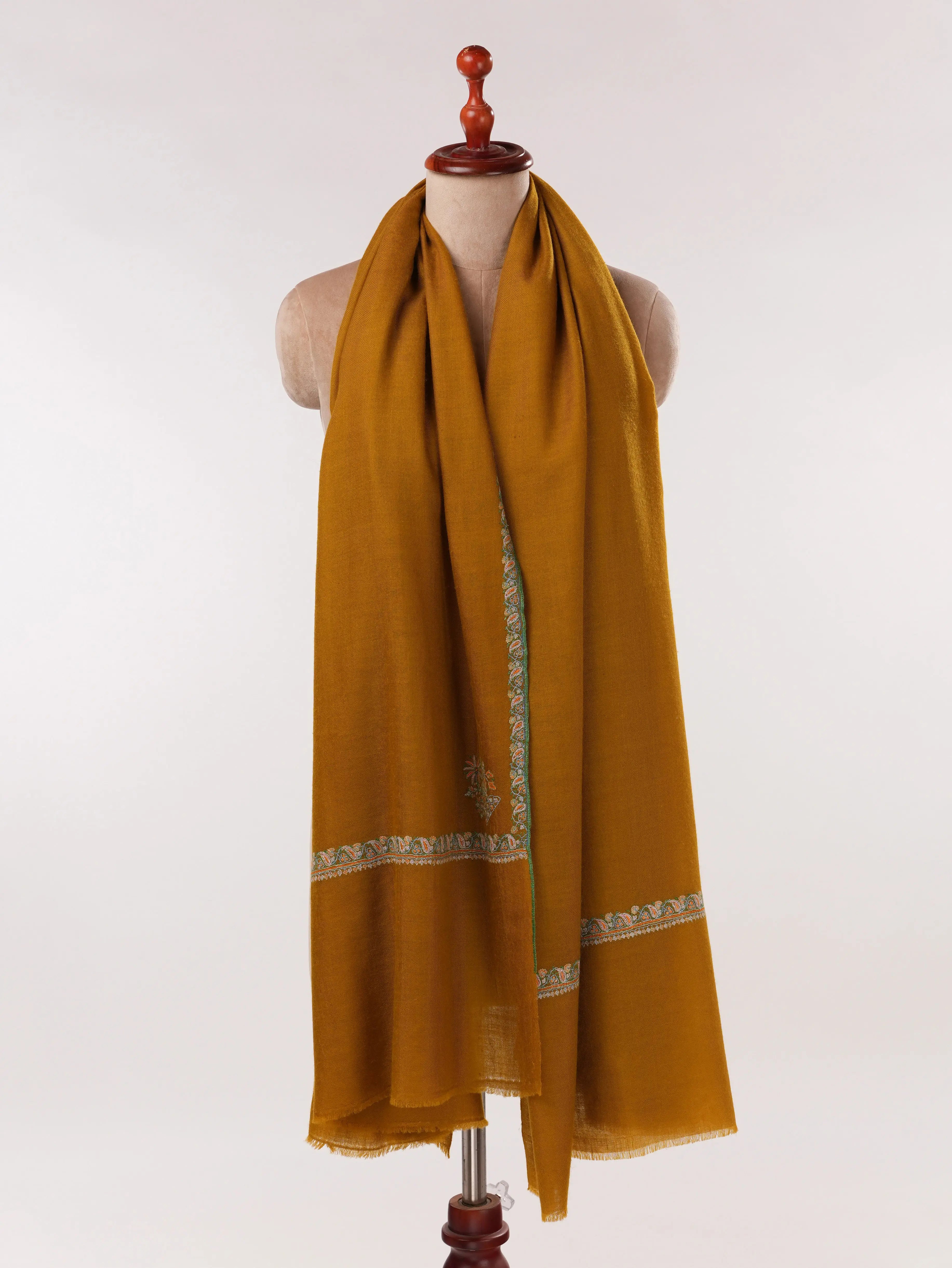 Mustard Handwoven Pashmina Shawl with Kashmiri Hashidar Hand Embroidery Shahkaar.com