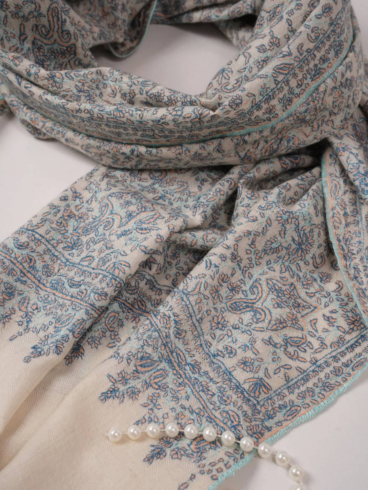 Natural White Original Cashmere Scarf with Jamawar Embroidery