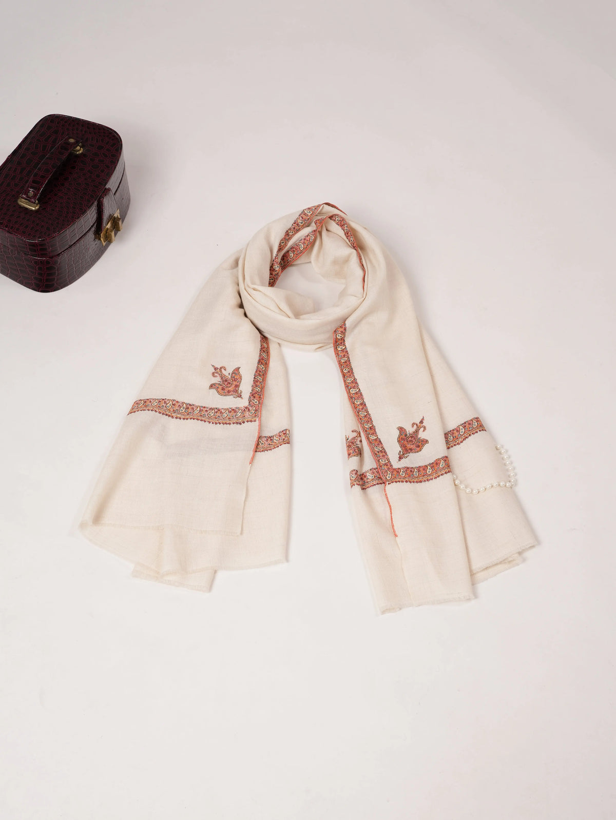 White Handwoven Pashmina Shawl with Hashidaar Sozni Embroidery