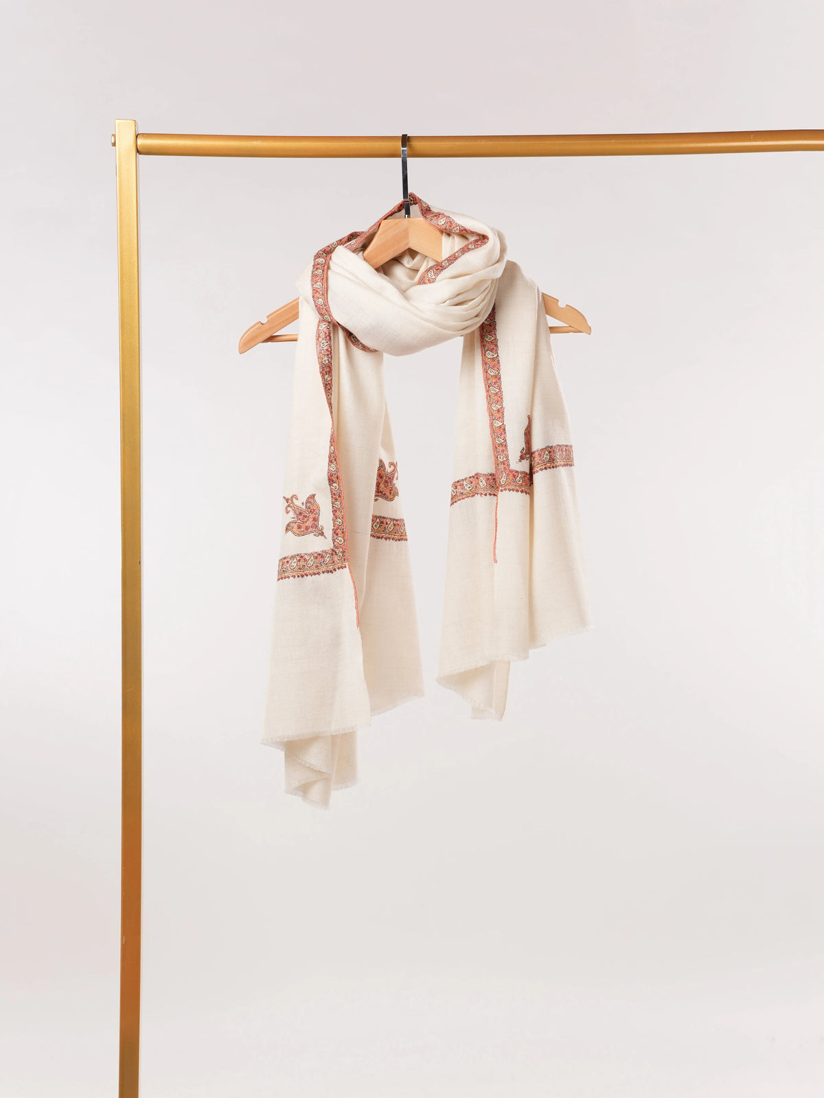 White Handwoven Pashmina Shawl with Hashidaar Sozni Embroidery