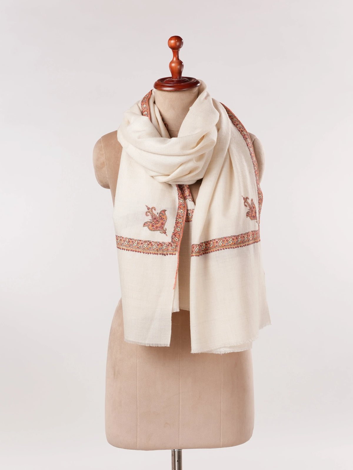 White Handwoven Pashmina Shawl with Hashidaar Sozni Embroidery