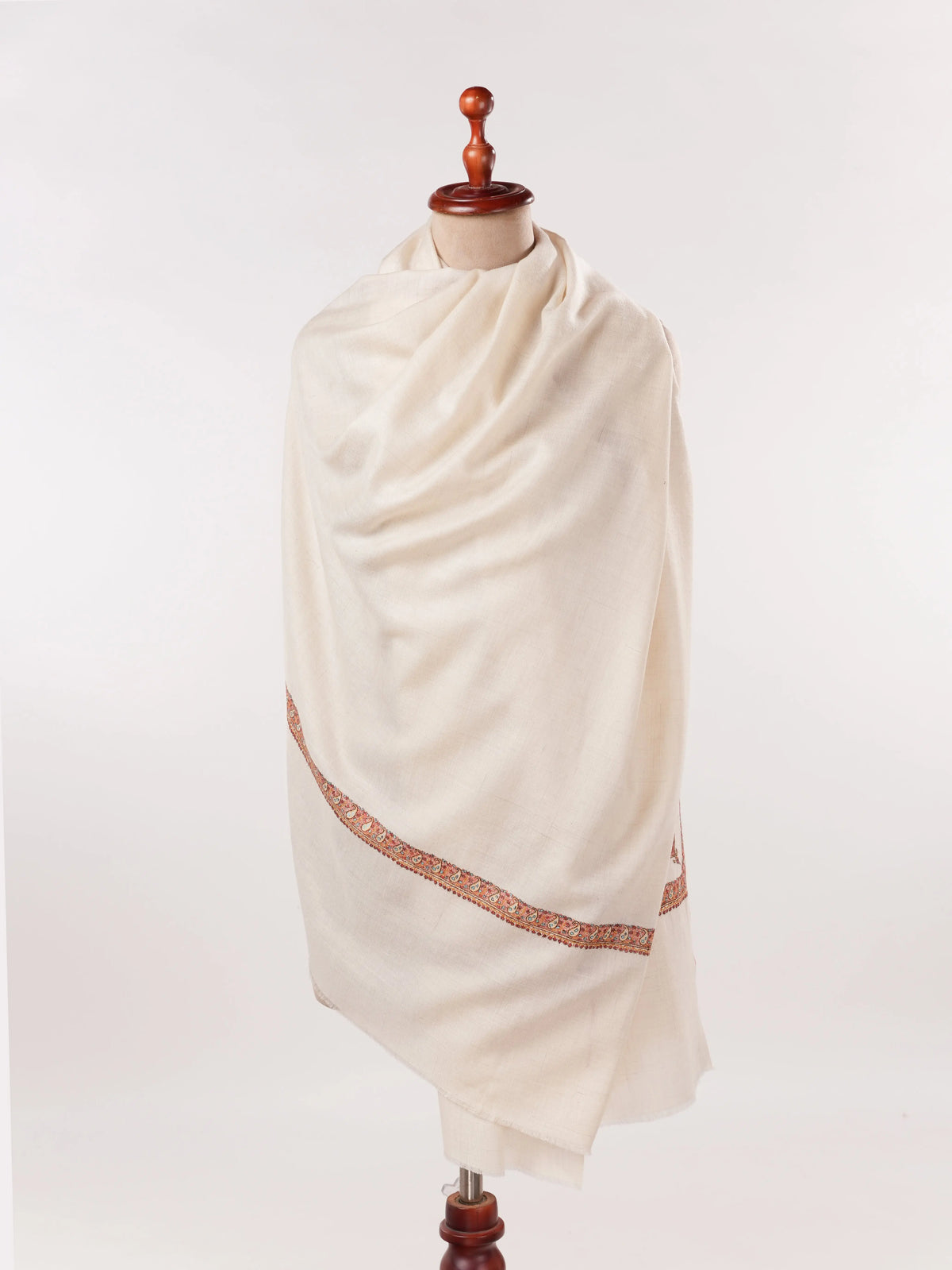 White Handwoven Pashmina Shawl with Hashidaar Sozni Embroidery