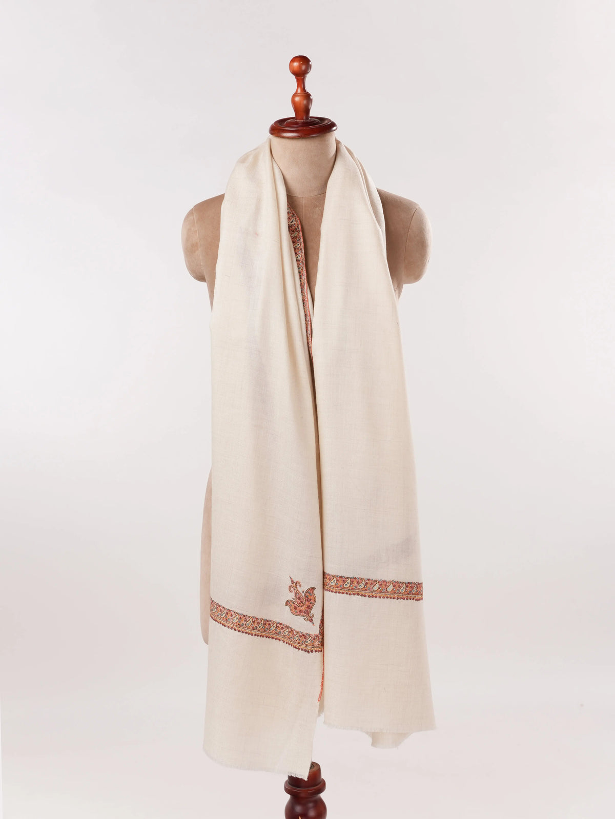 White Handwoven Pashmina Shawl with Hashidaar Sozni Embroidery