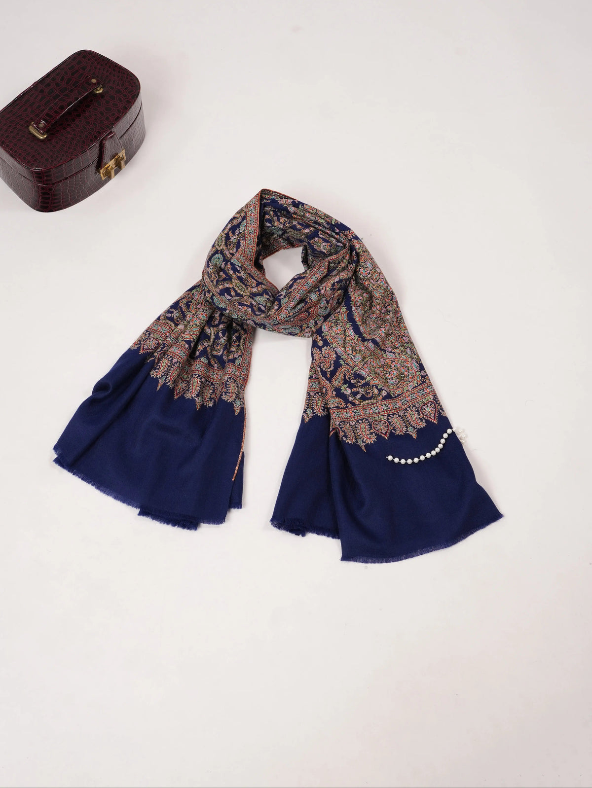 Lacivert El İşlemeli Jamavar Pashmina Şal