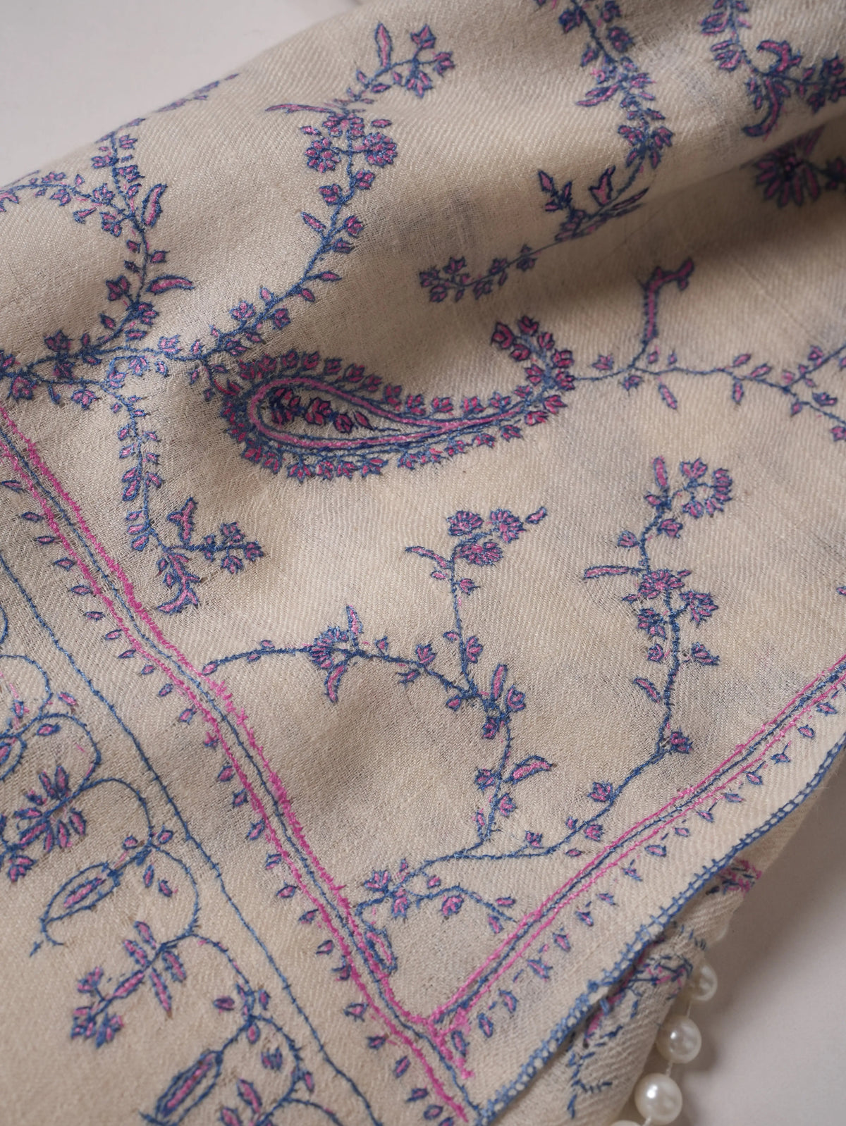 Natural White Authentic Cashmere Scarf with Delicate Hand Embroidery