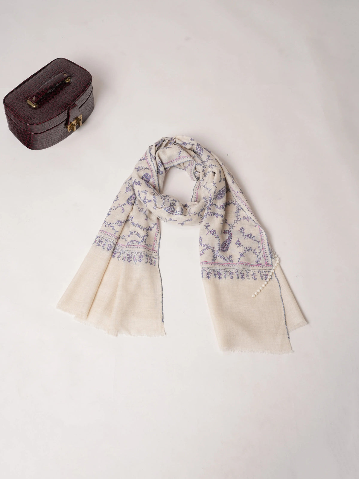 Natural White Authentic Cashmere Scarf with Delicate Hand Embroidery