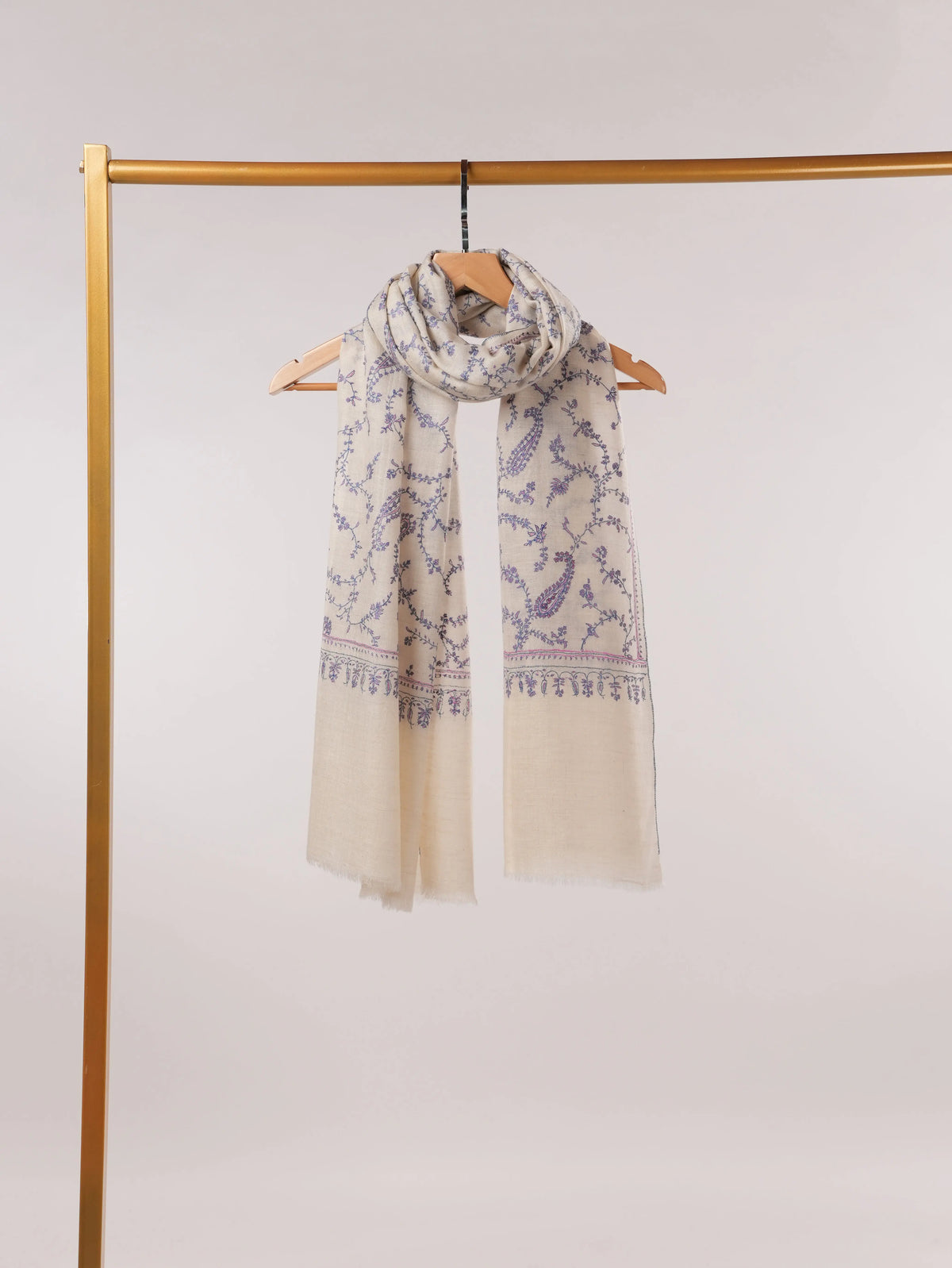 Natural White Authentic Cashmere Scarf with Delicate Hand Embroidery