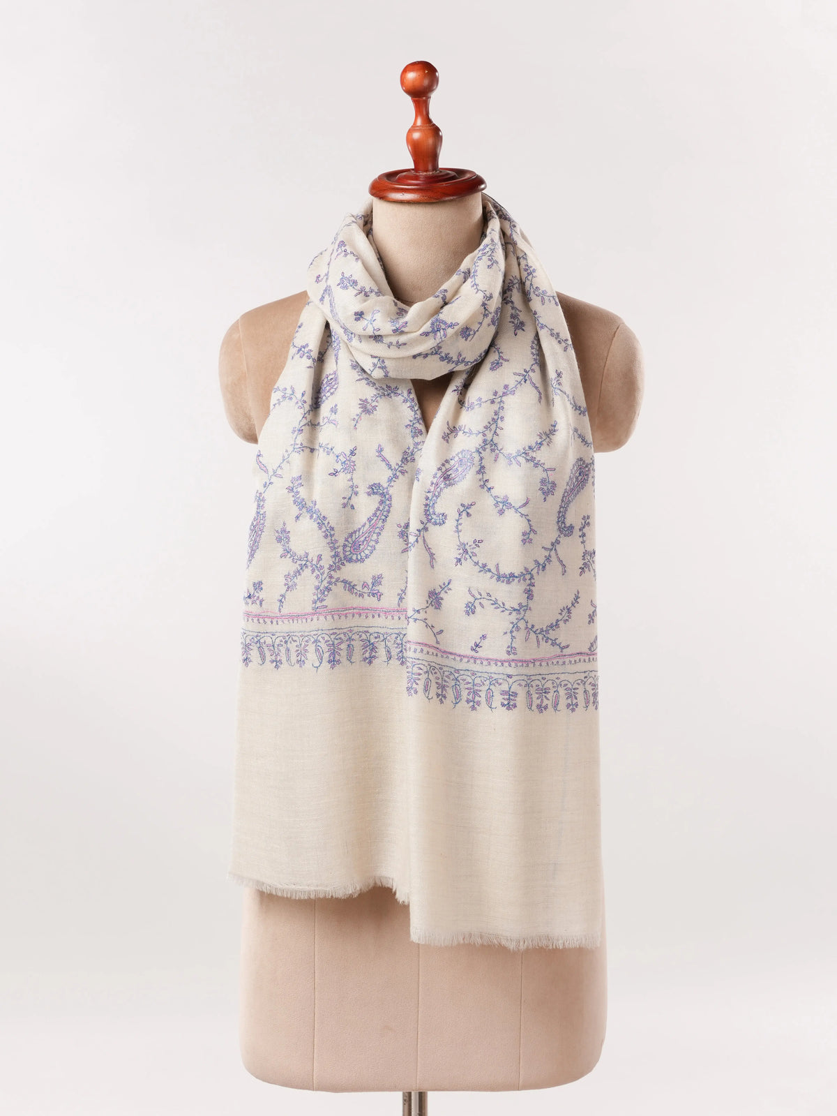 Natural White Authentic Cashmere Scarf with Delicate Hand Embroidery