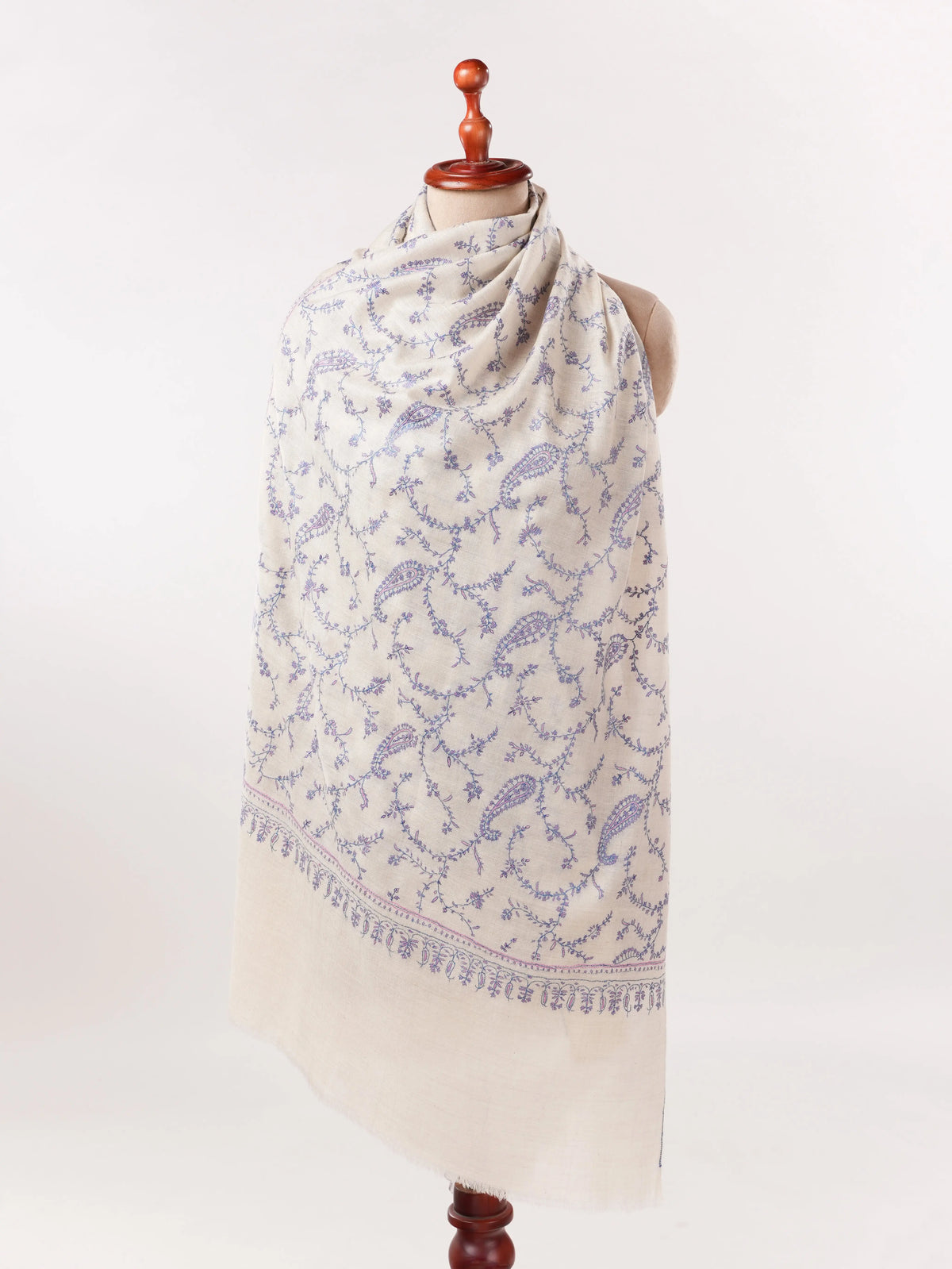 Natural White Authentic Cashmere Scarf with Delicate Hand Embroidery