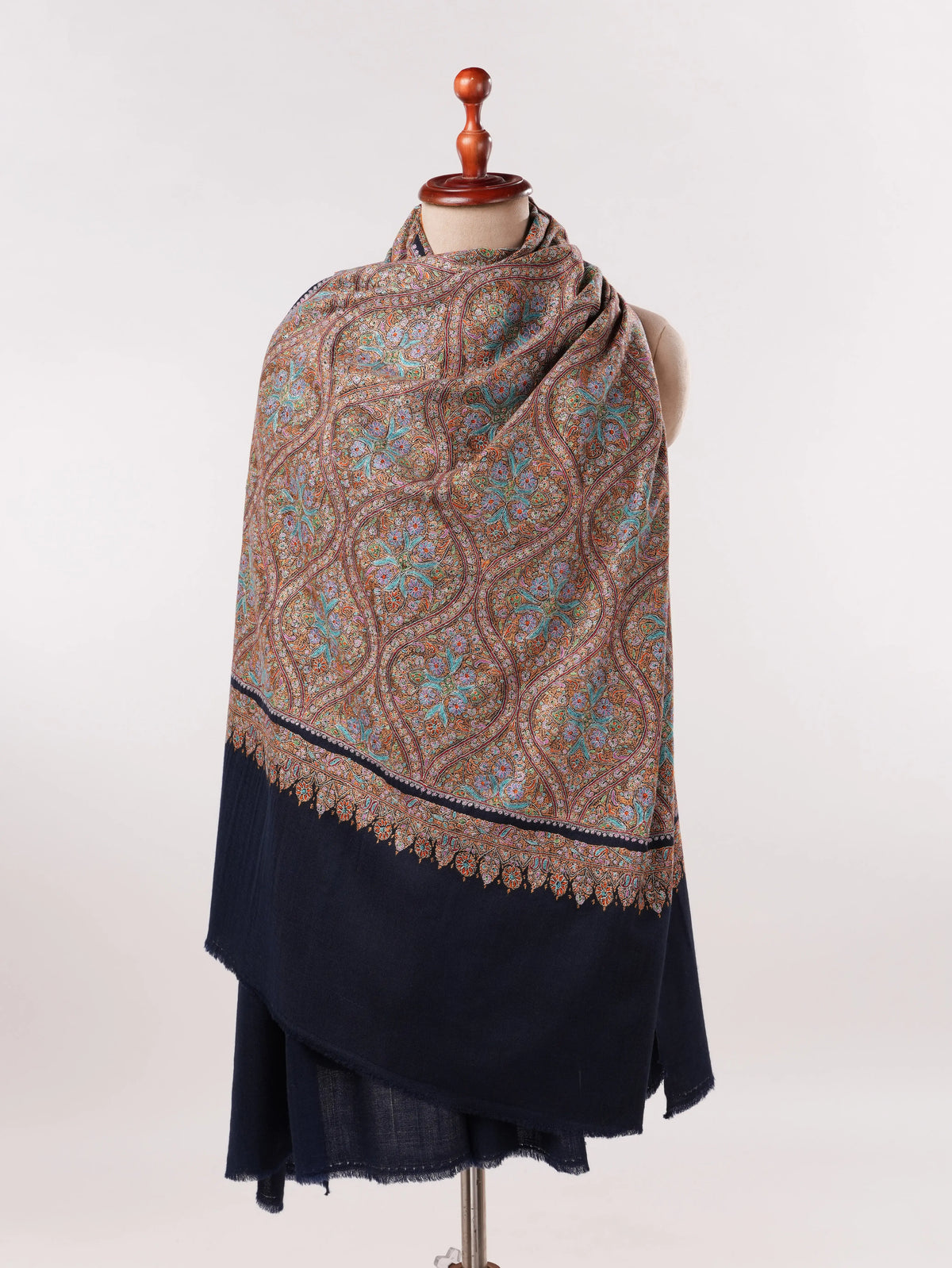 Jamawar El Nakışlı Lacivert Saf Pashmina Şal
