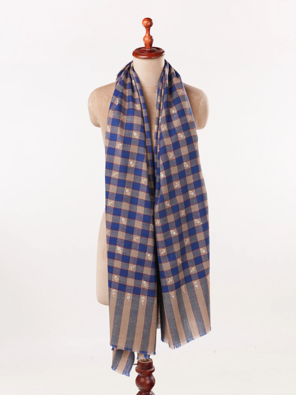 Check Classic Handwoven Pashmina Shawl with Buteh Hand Embroidery