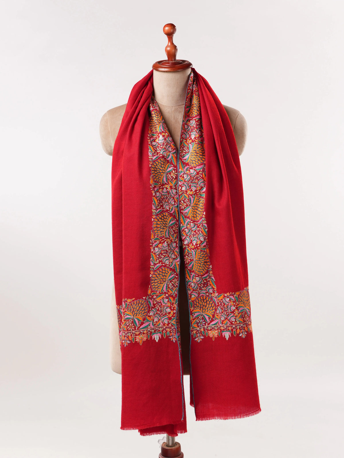 Vibrant Ruby Red Pashmina Shawl With Daurdar Embroidery