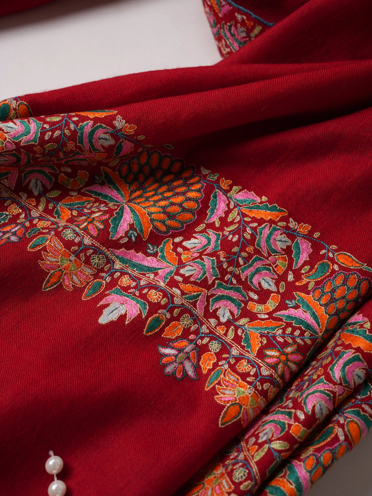 Vibrant Ruby Red Pashmina Shawl With Daurdar Embroidery