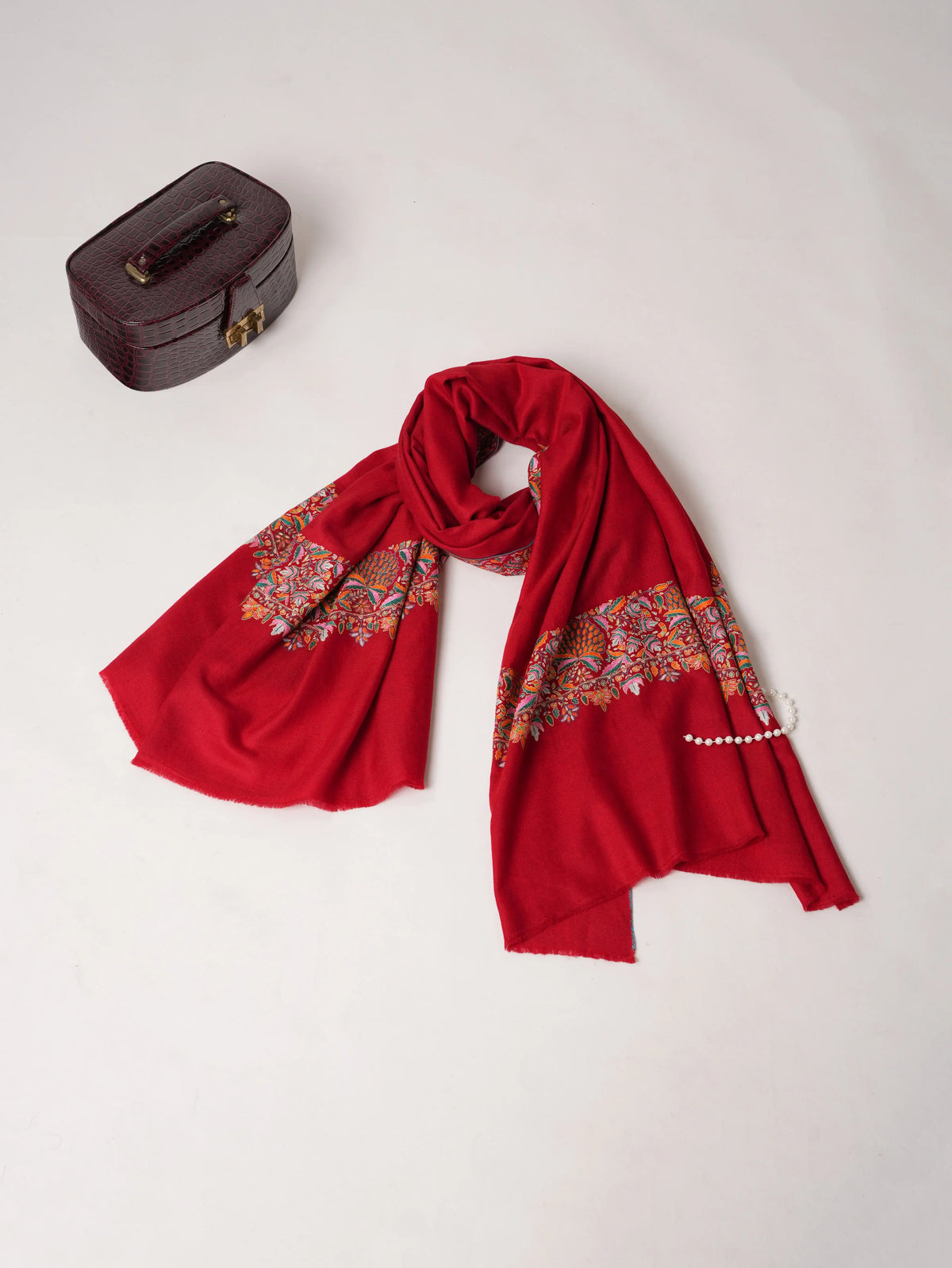 Vibrant Ruby Red Pashmina Shawl With Daurdar Embroidery