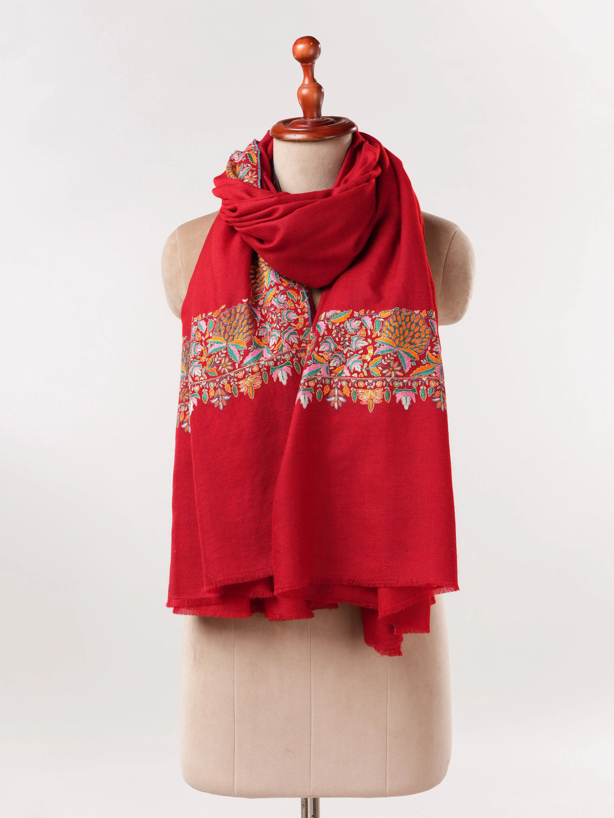 Vibrant Ruby Red Pashmina Shawl With Daurdar Embroidery