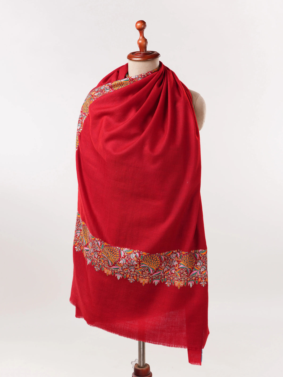 Vibrant Ruby Red Pashmina Shawl With Daurdar Embroidery