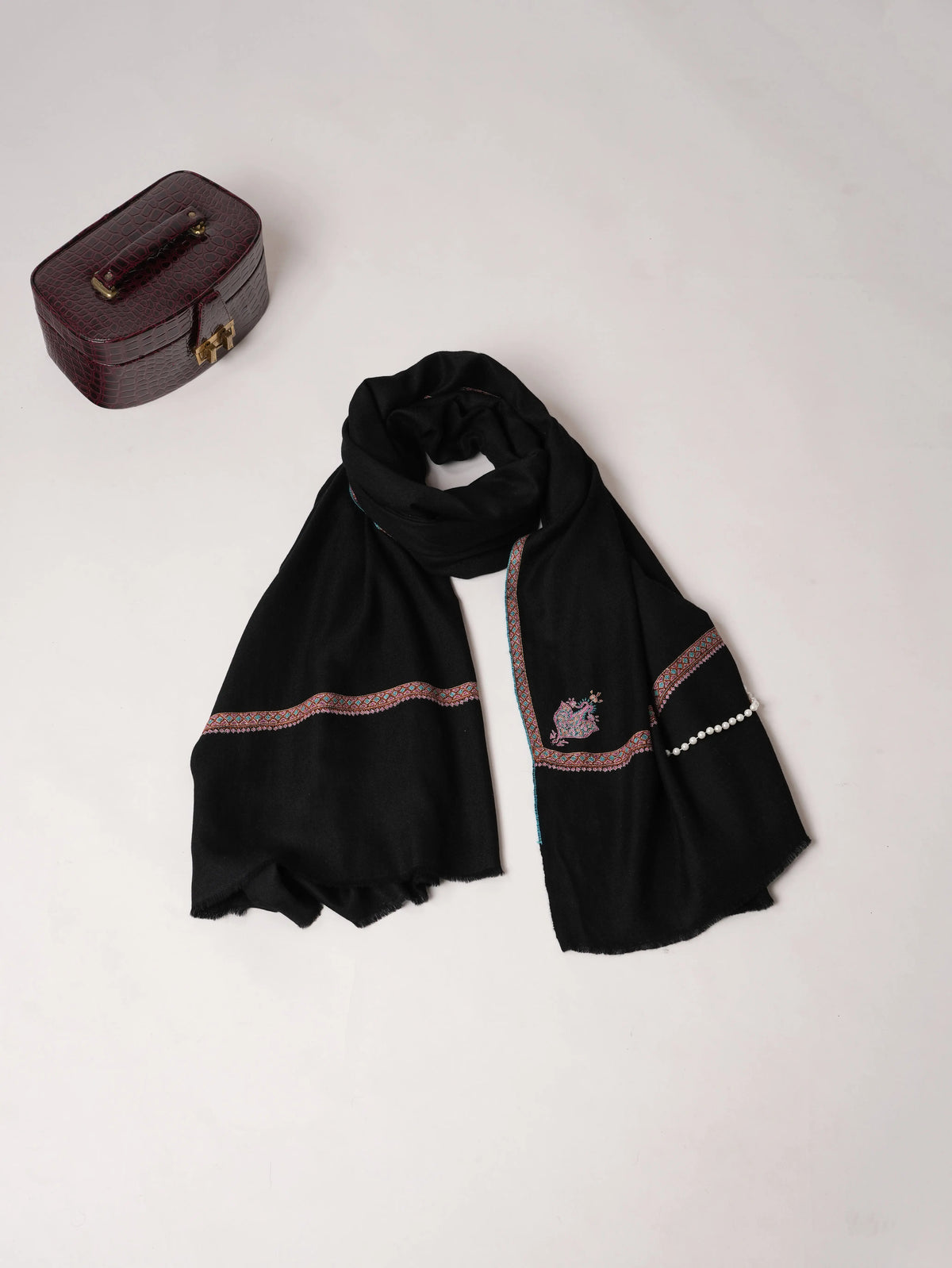 Handspun Authentic Black Pashmina Shawl with Classic Hashia Embroidery