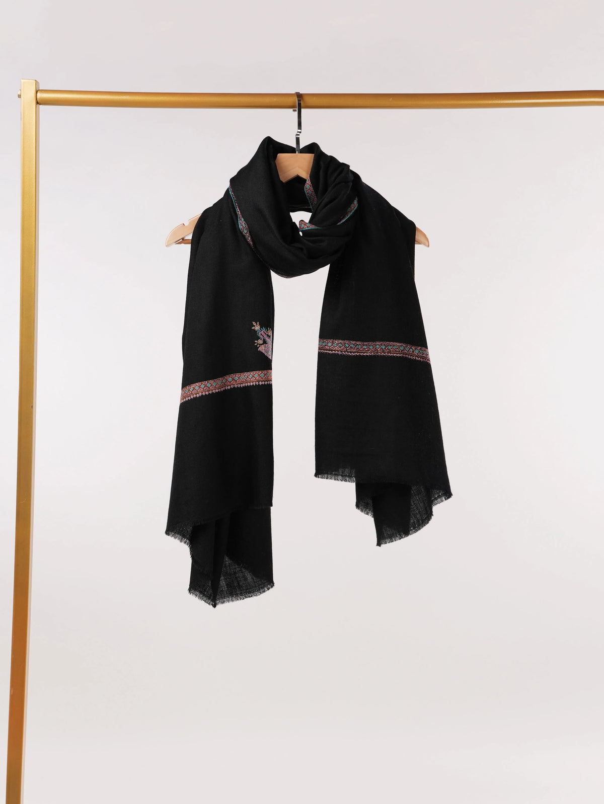 Handspun Authentic Black Pashmina Shawl with Classic Hashia Embroidery