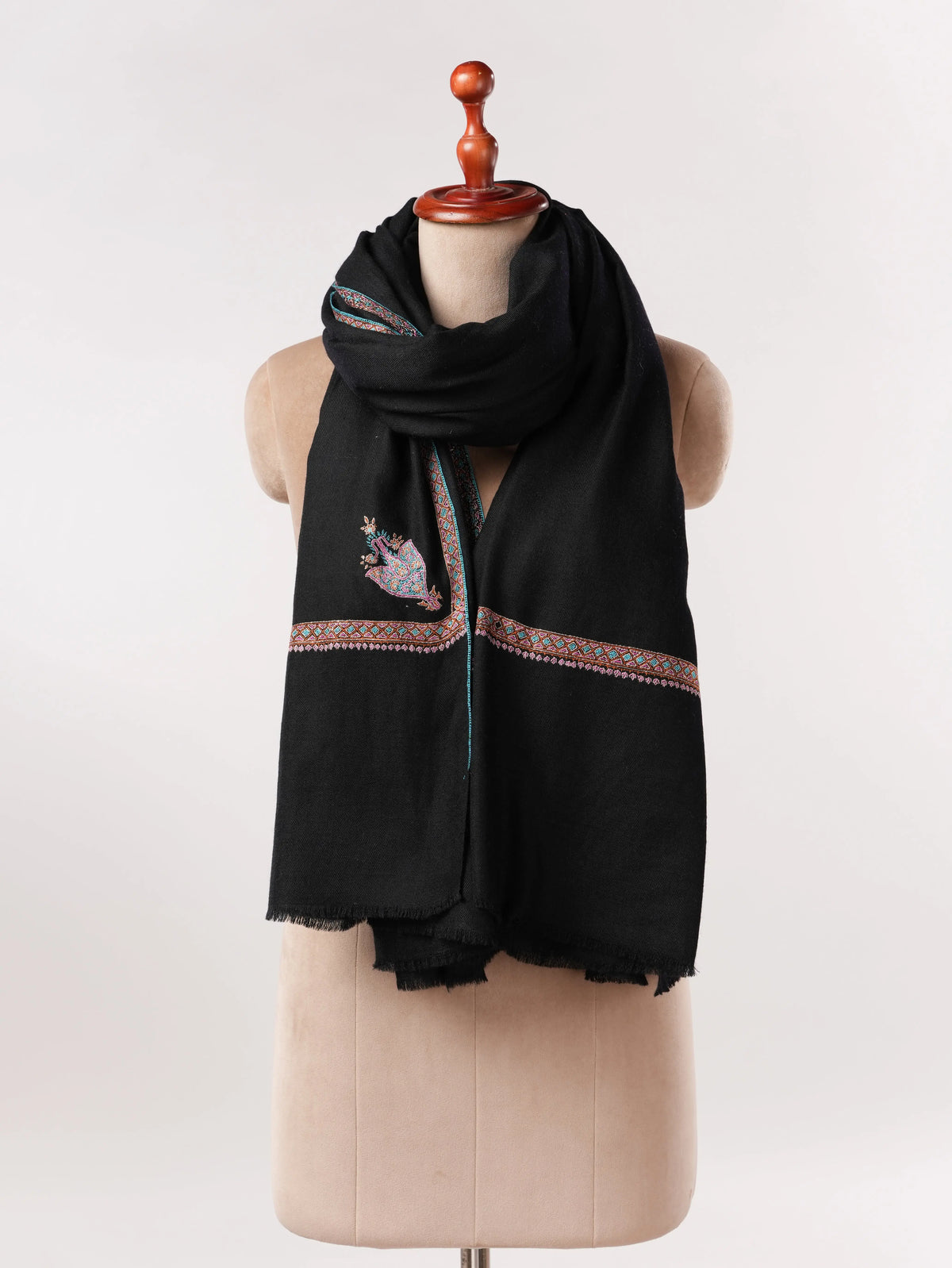 Handspun Authentic Black Pashmina Shawl with Classic Hashia Embroidery